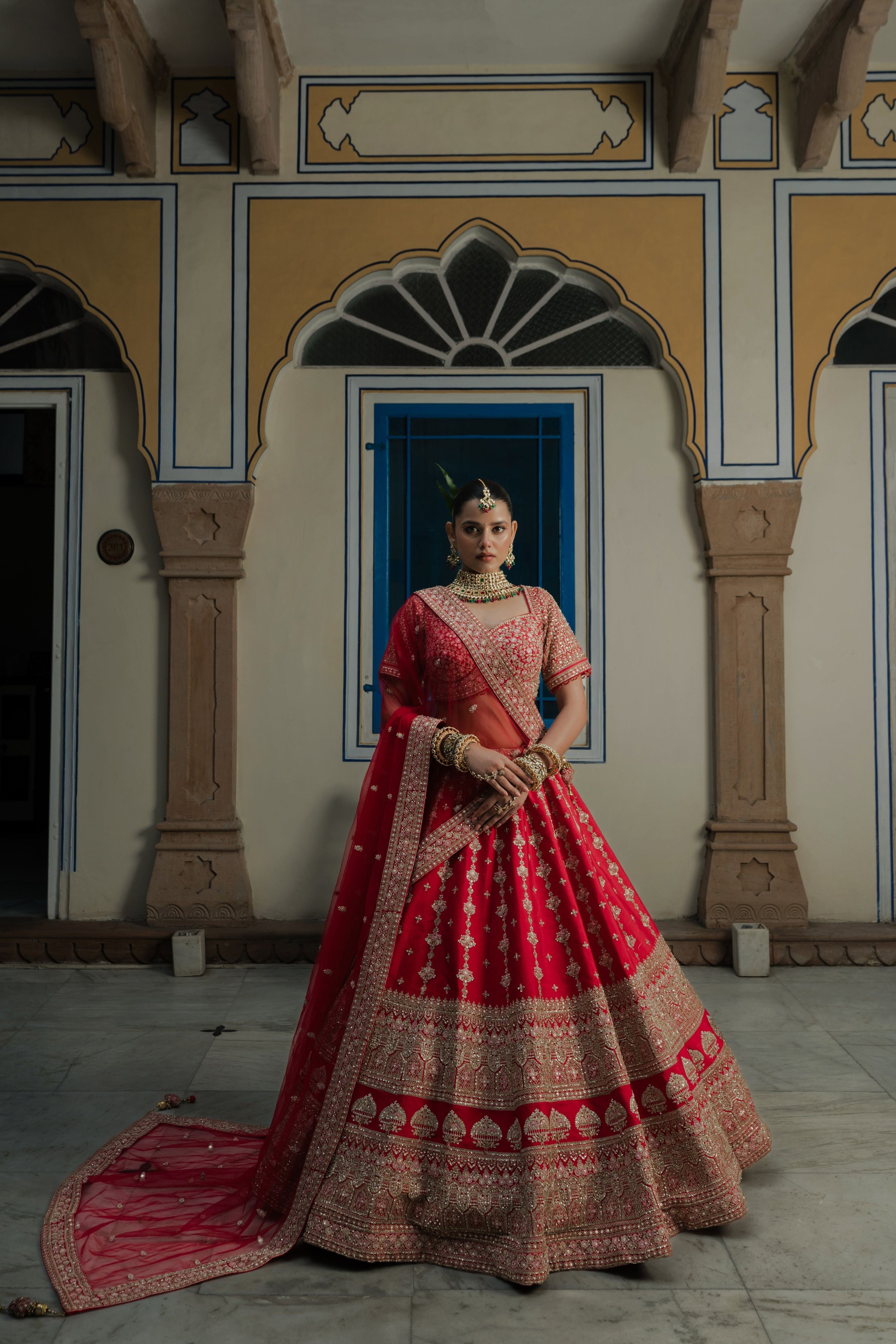 Crimson Red Silk Lehenga with Temple Motif Zardosi Embroidery Mokshaa