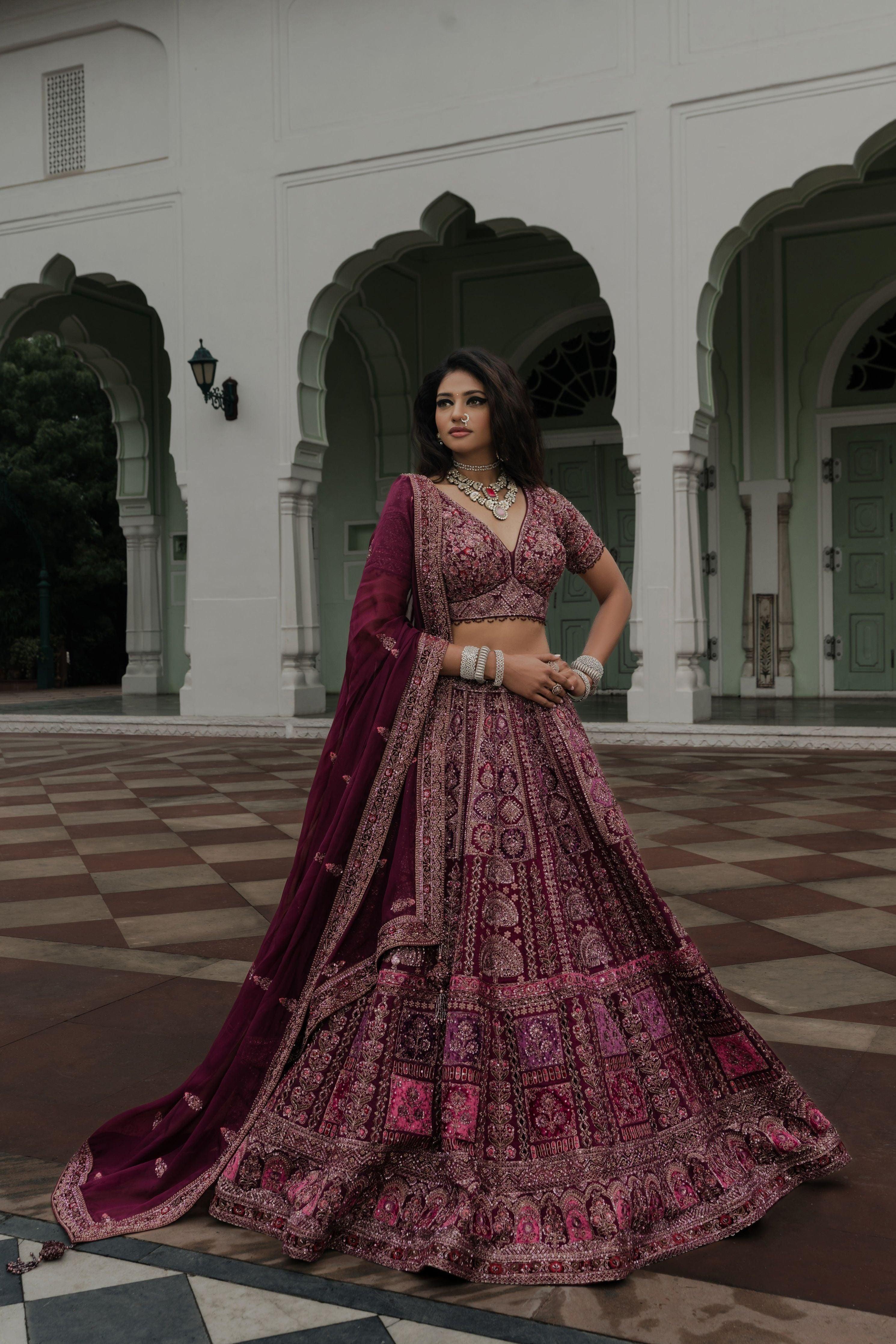 Wine Velvet Lehenga with Patchwork and Sequin Embroidery  Mokshaa