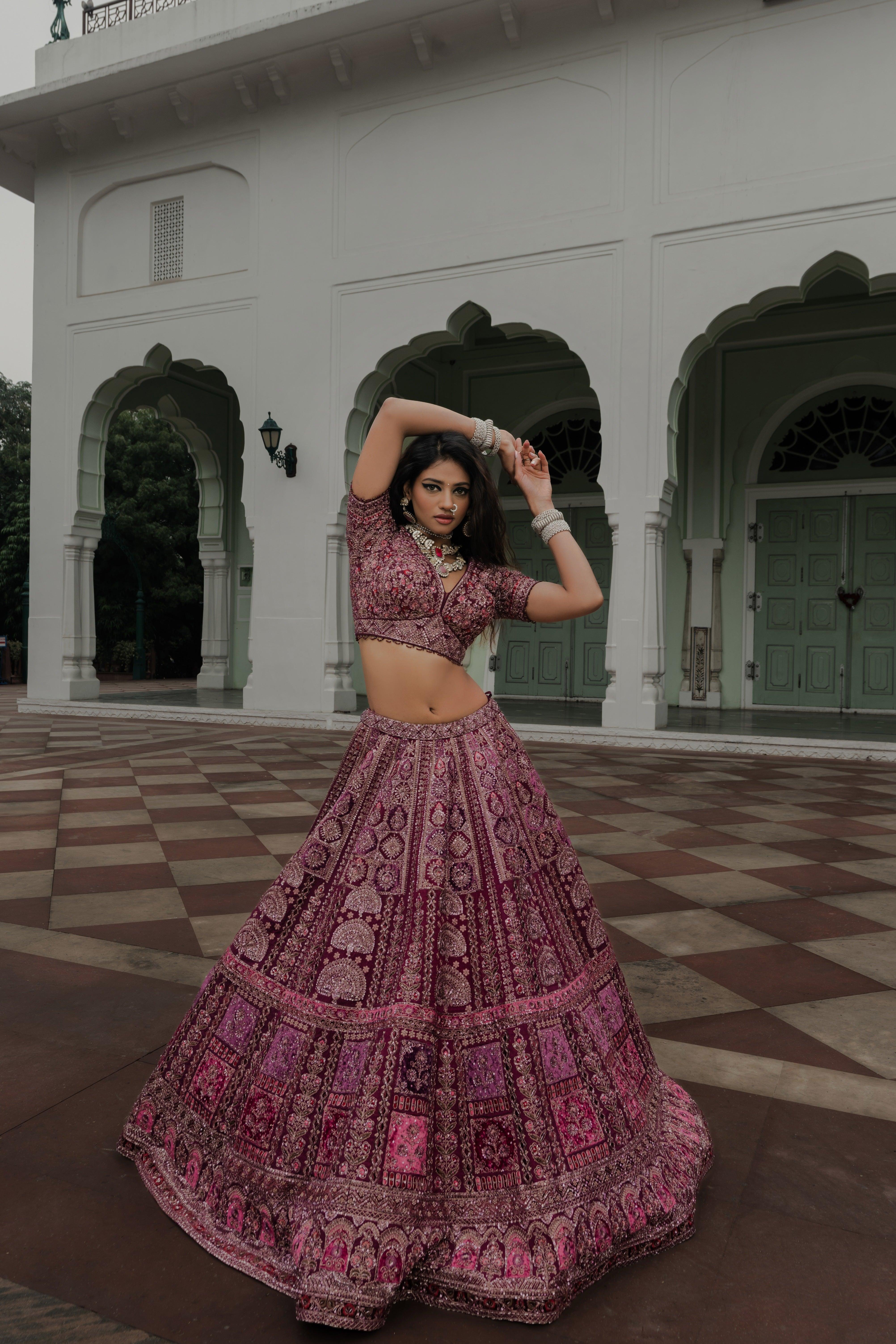 Wine Velvet Lehenga with Patchwork and Sequin Embroidery  Mokshaa