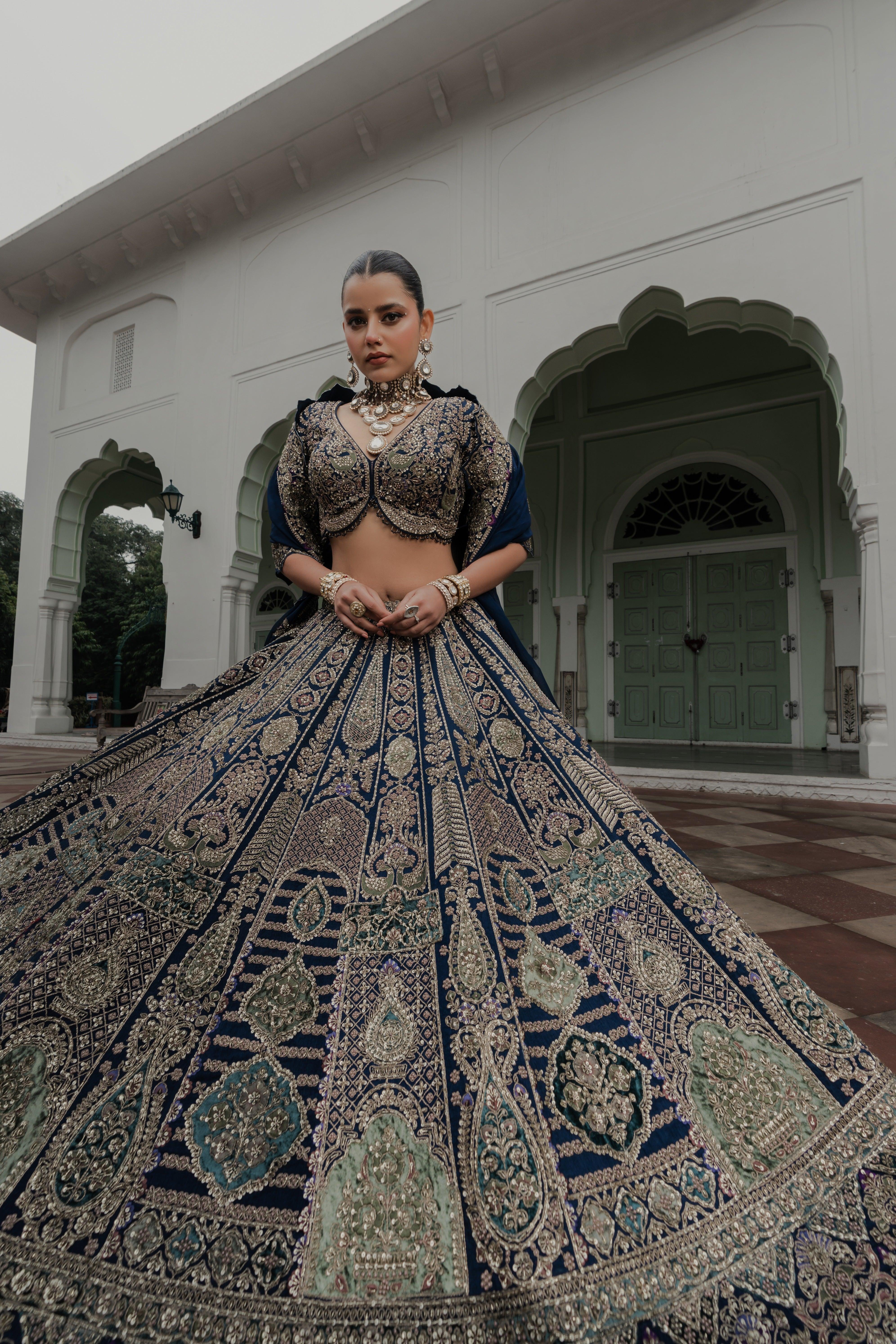 Navy Blue Velvet Lehenga with Pastel Zardosi and Sequin Embroidery Mokshaa