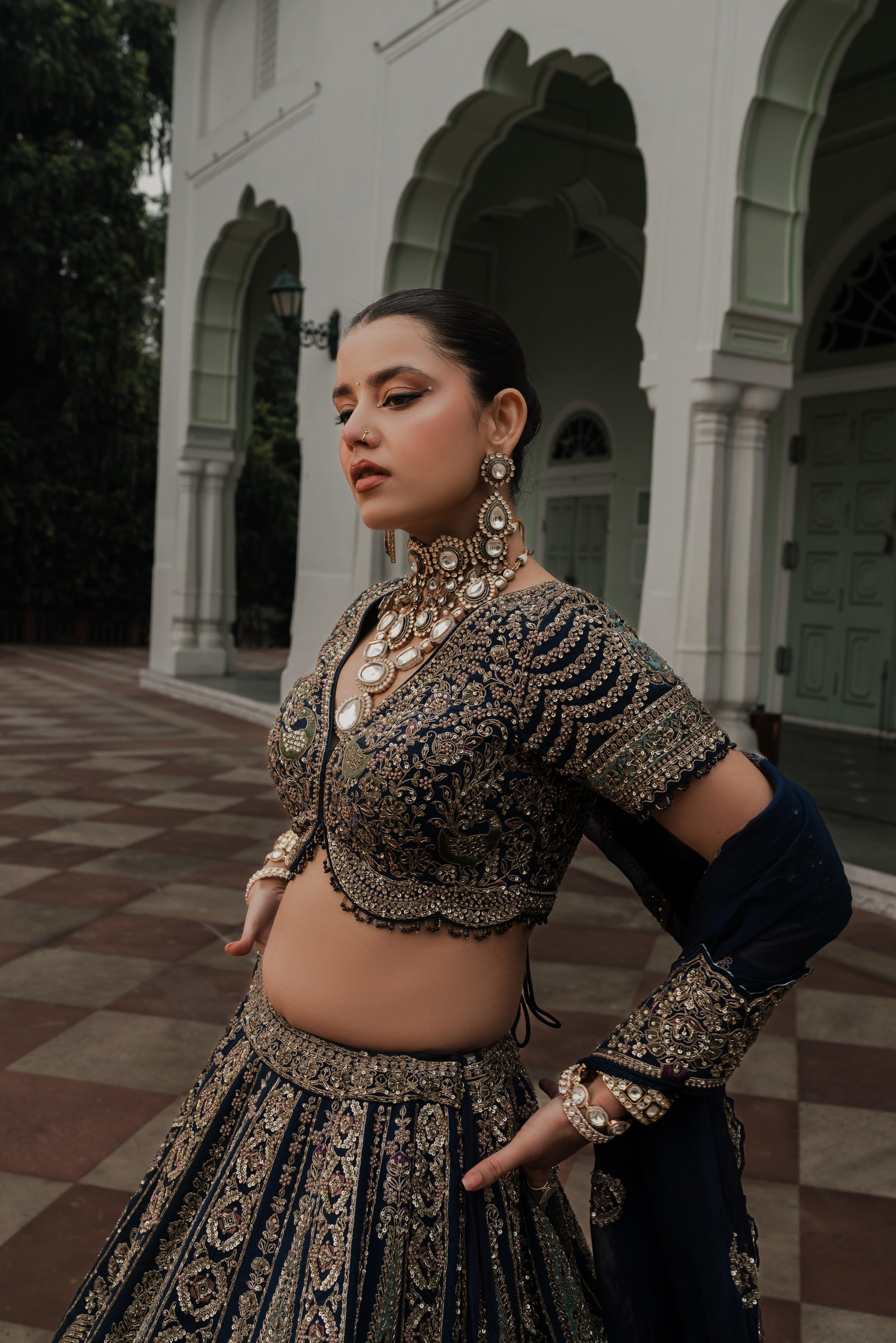 Navy Blue Velvet Lehenga with Pastel Zardosi and Sequin Embroidery Mokshaa