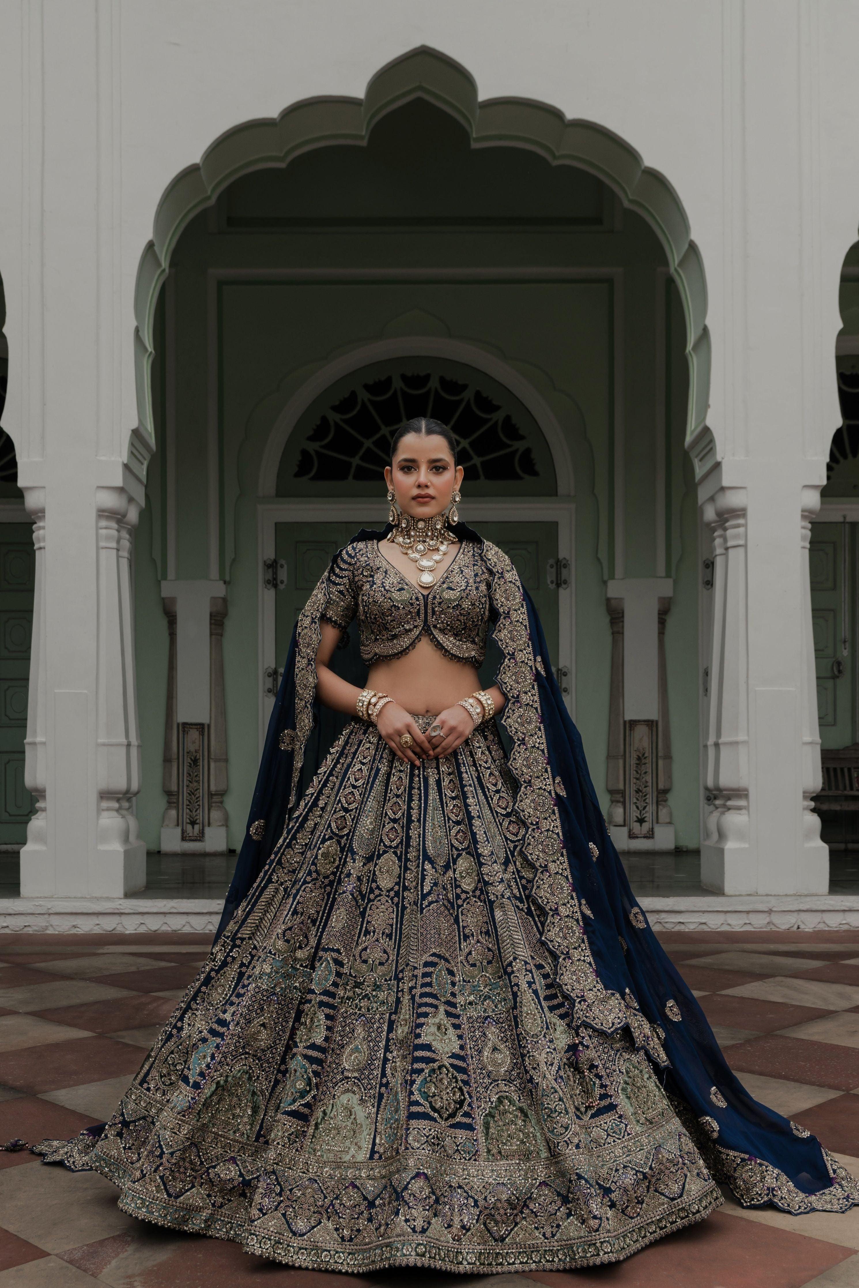 Navy Blue Velvet Lehenga with Pastel Zardosi and Sequin Embroidery Mokshaa