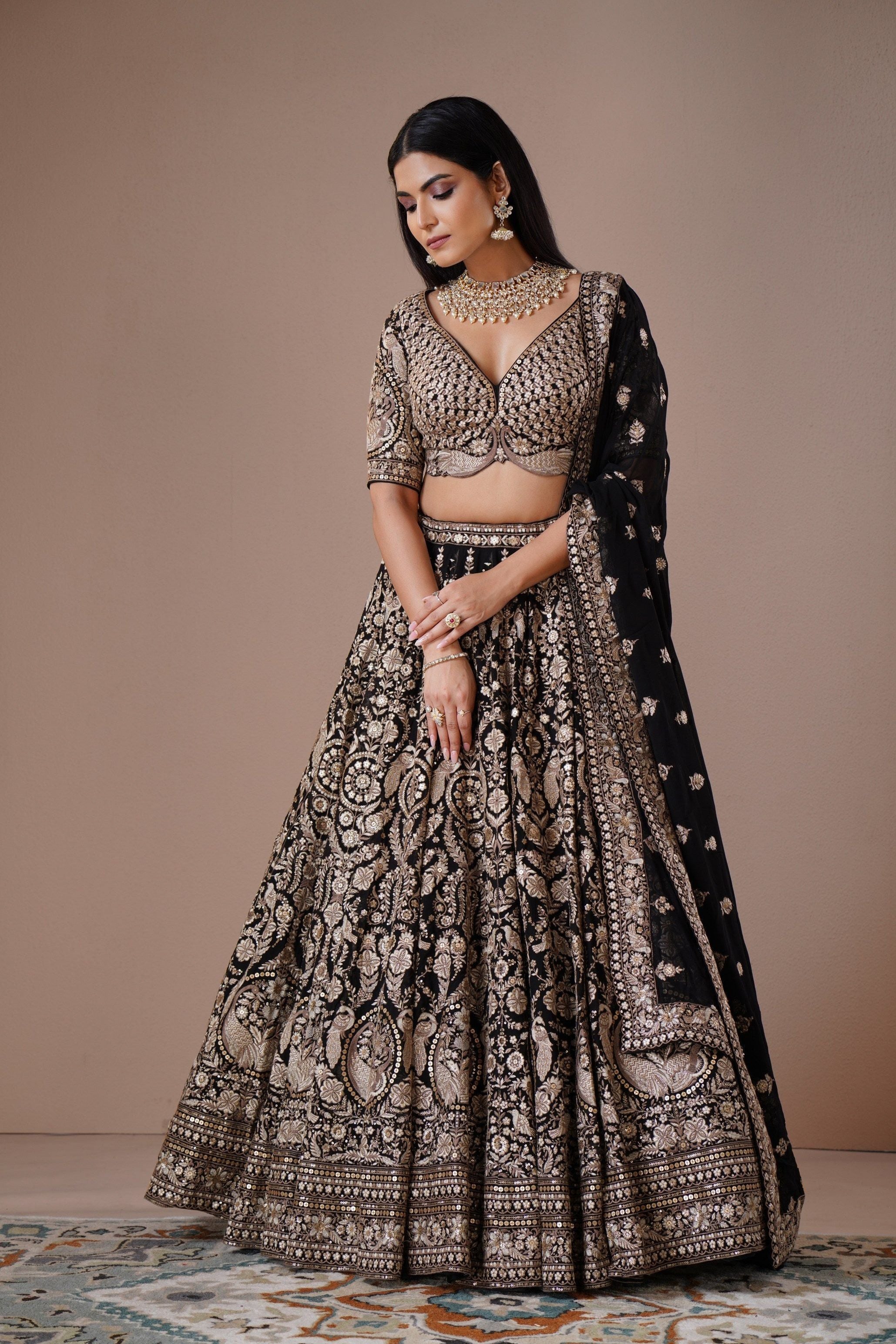 Black Georgette Bridal Lehenga with Gold Zardosi Embroidery Mokshaa