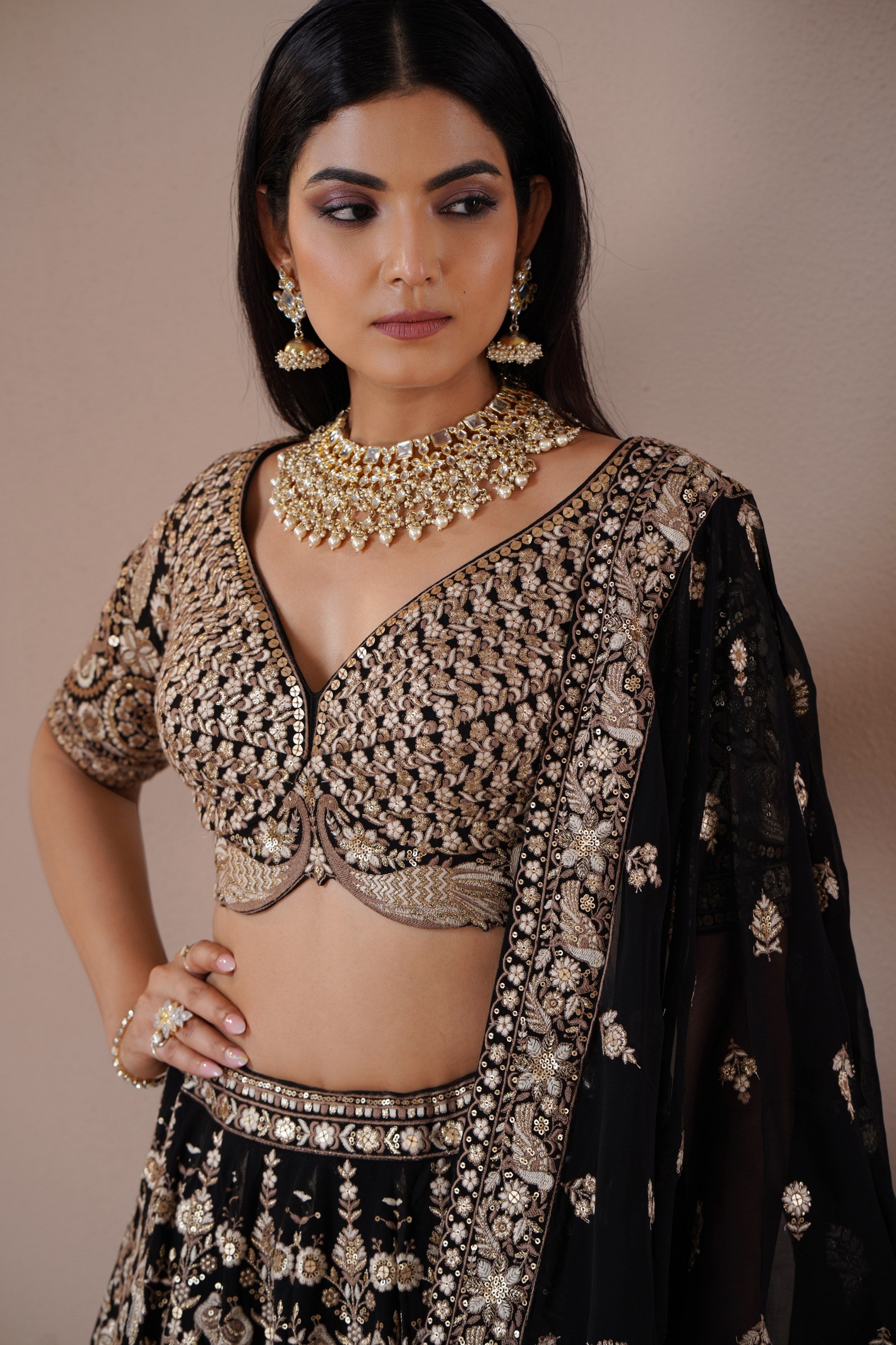 Black Georgette Bridal Lehenga with Gold Zardosi Embroidery Mokshaa