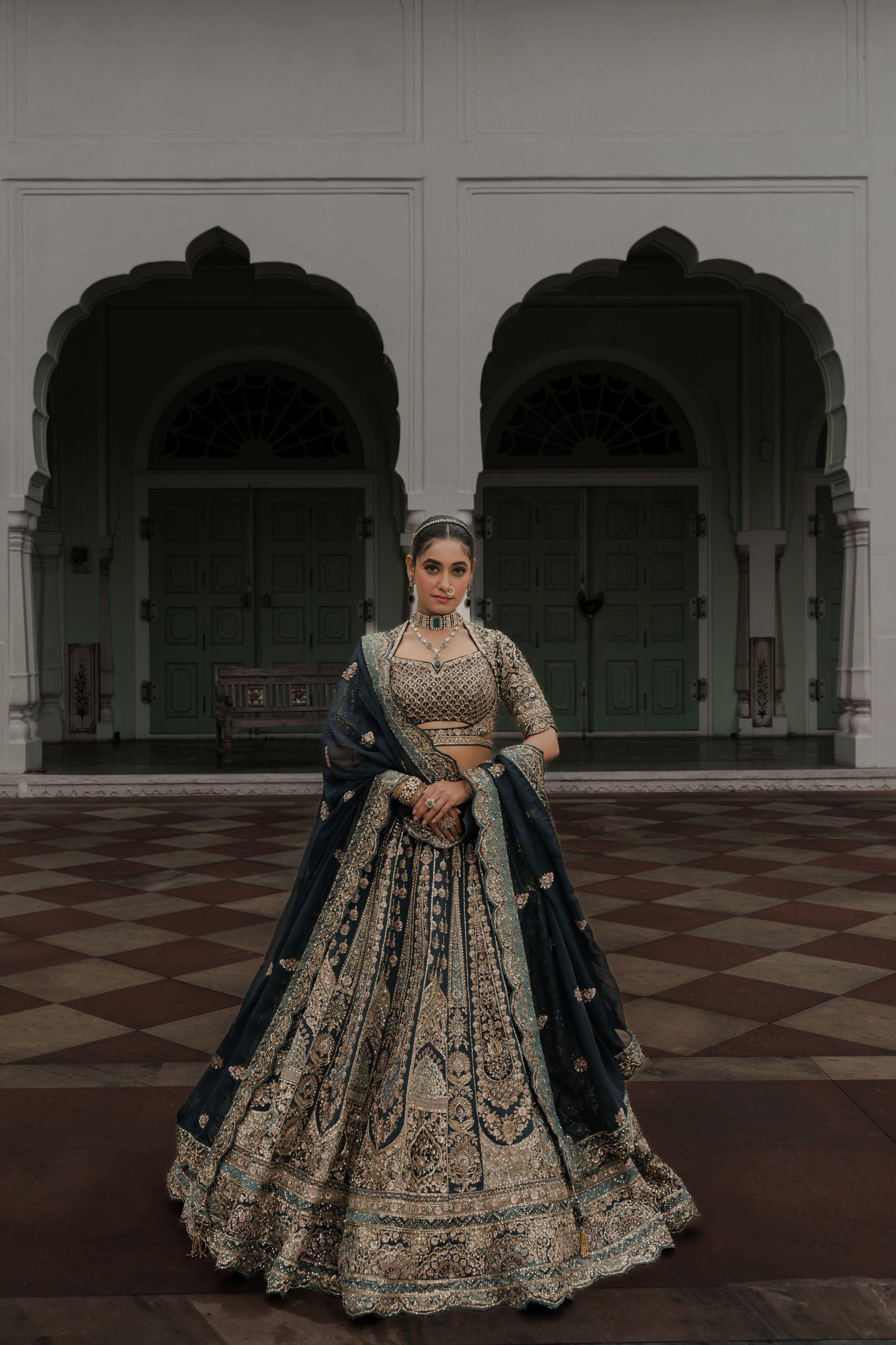 Teal Green Raw Silk Lehenga with Zardosi & Sequin Embroidery Mokshaa