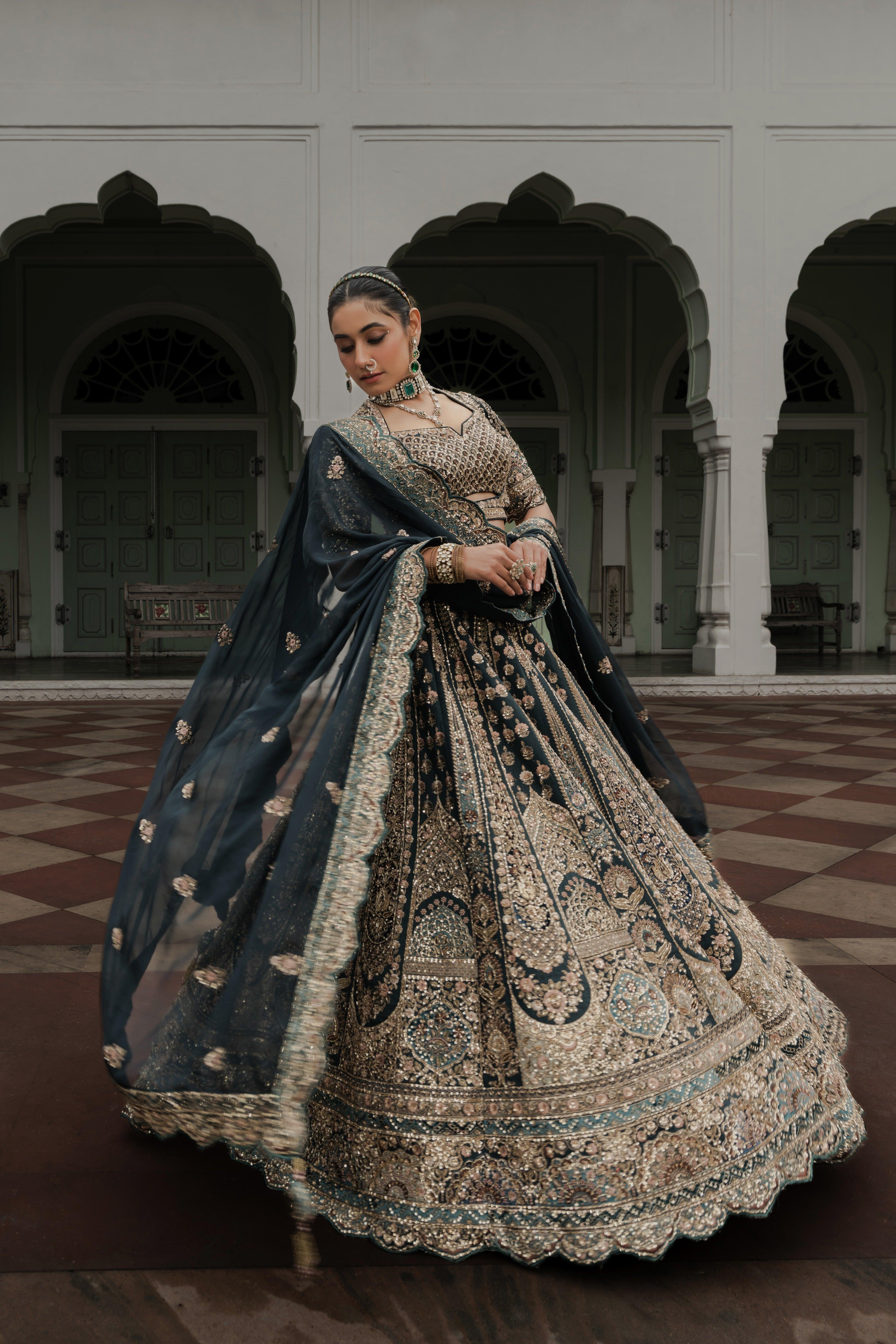 Teal Green Raw Silk Lehenga with Zardosi & Sequin Embroidery Mokshaa