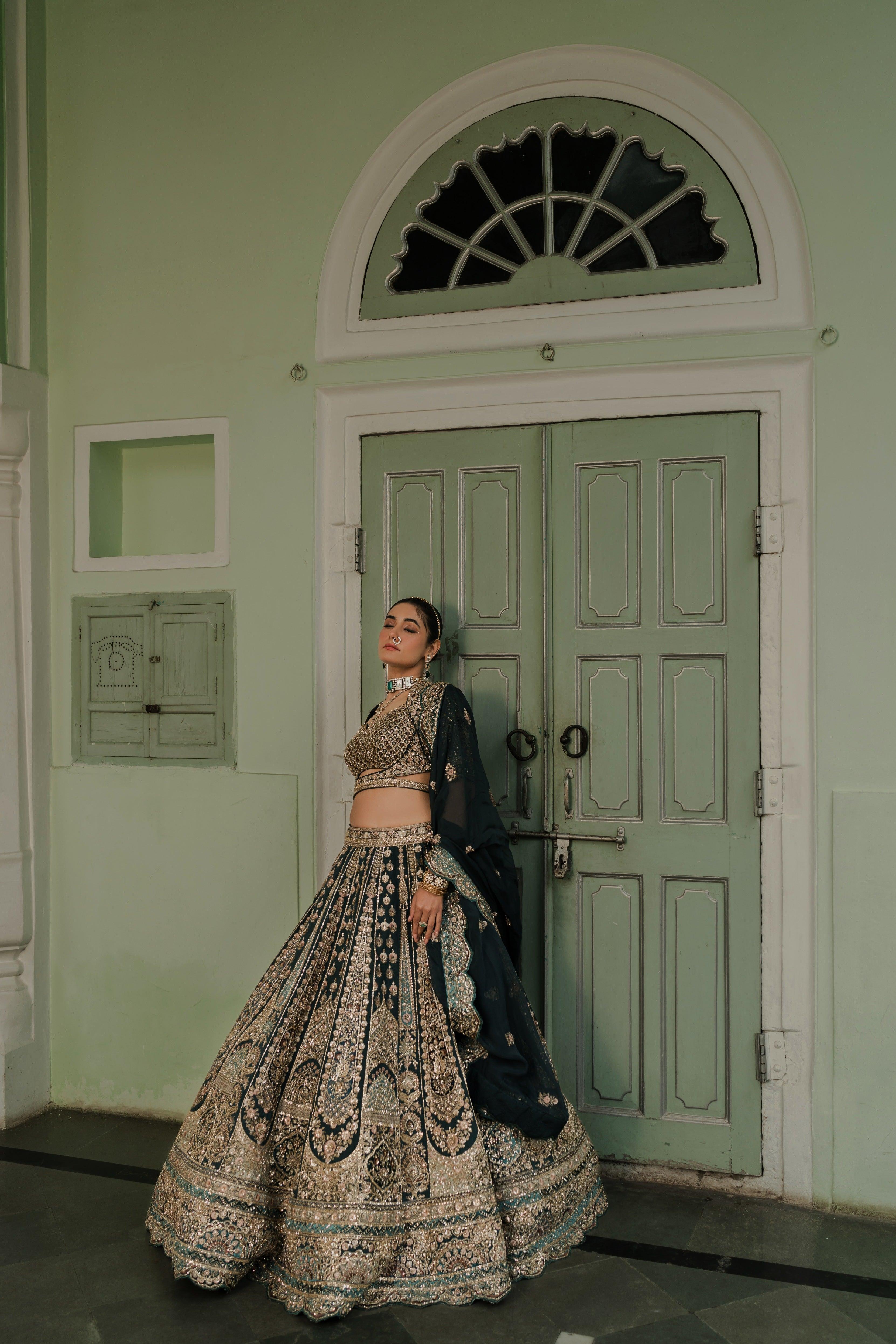 Teal Green Raw Silk Lehenga with Zardosi & Sequin Embroidery Mokshaa