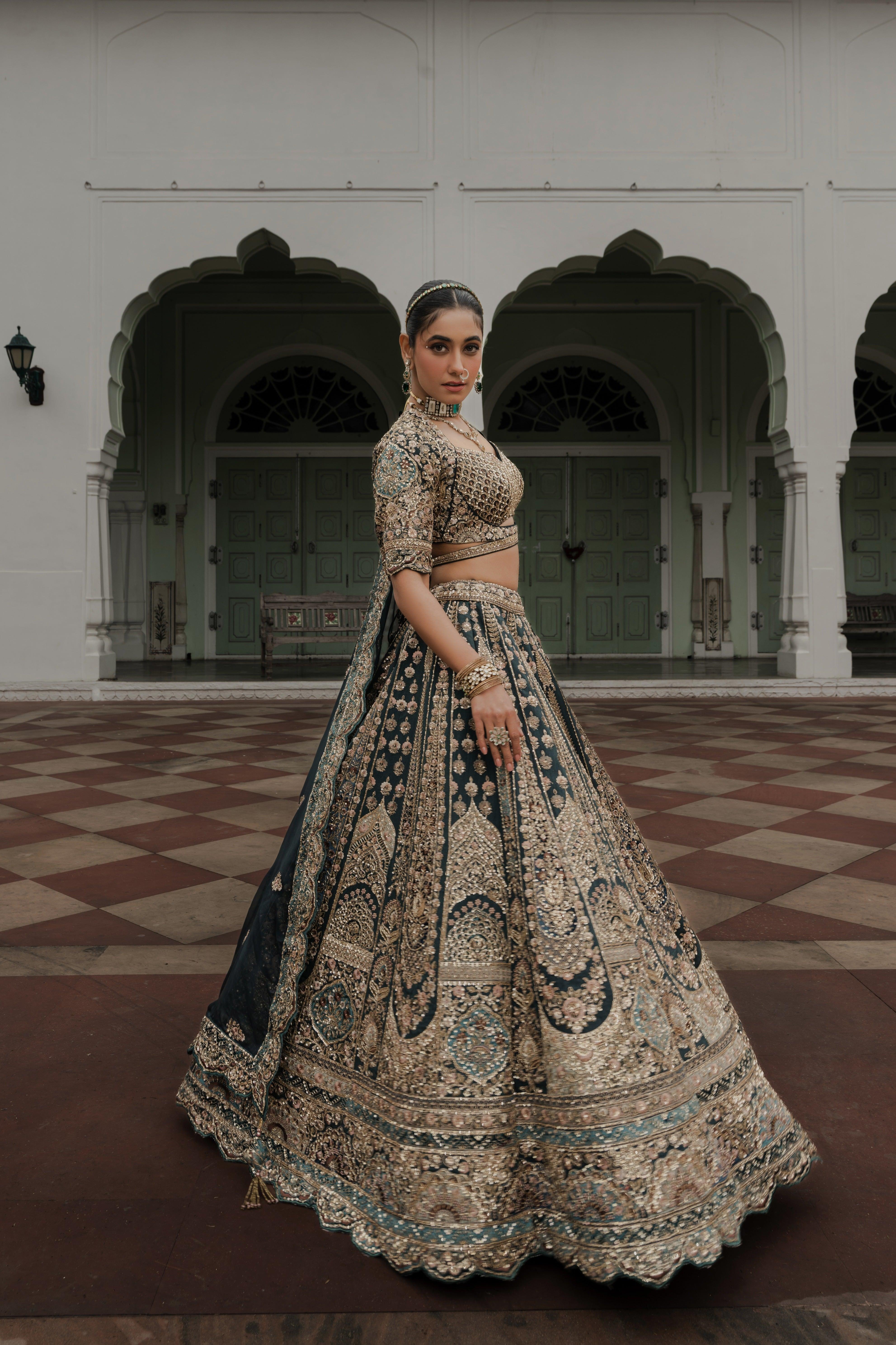 Teal Green Raw Silk Lehenga with Zardosi & Sequin Embroidery Mokshaa