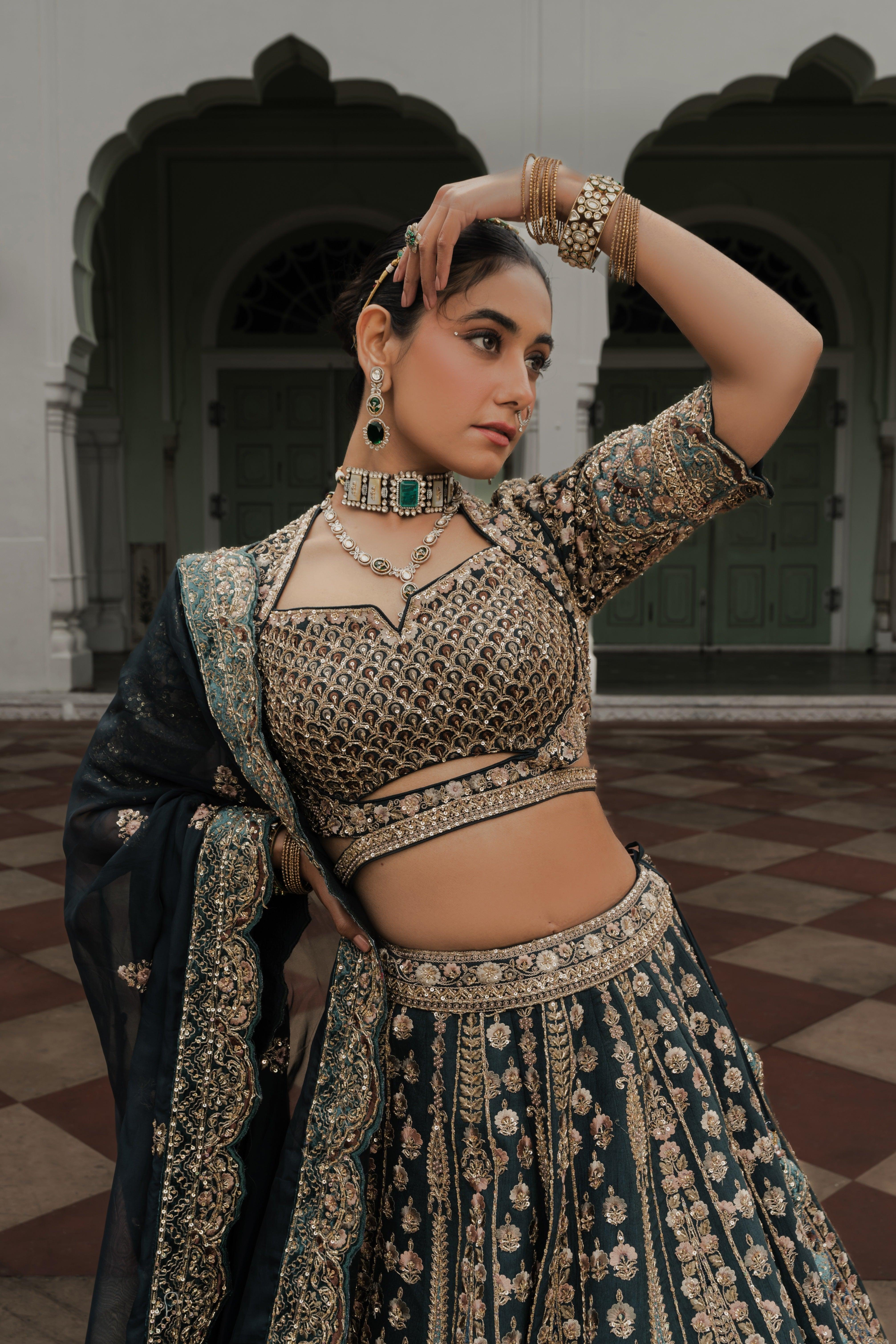 Teal Green Raw Silk Lehenga with Zardosi & Sequin Embroidery Mokshaa