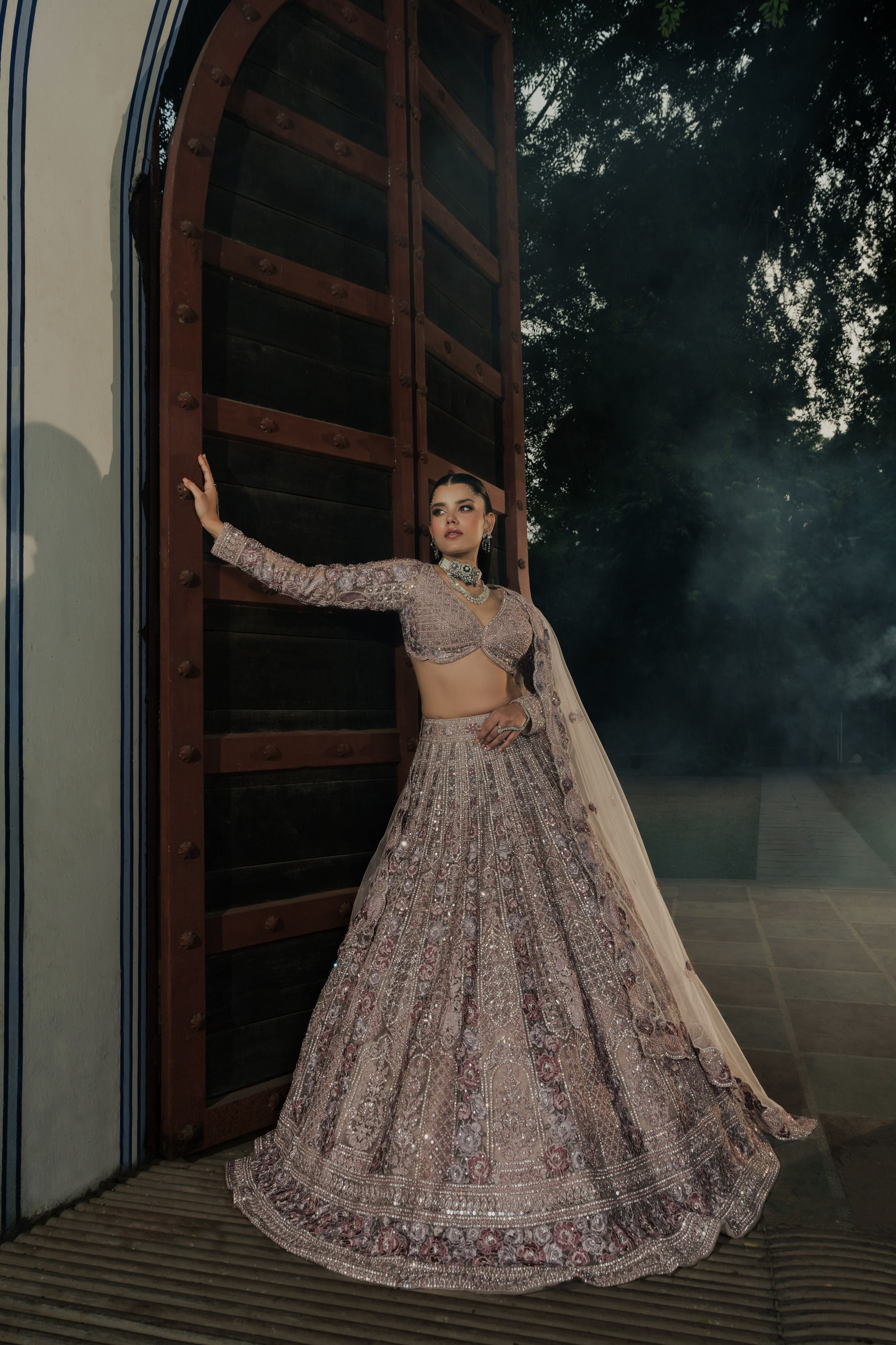 Dusty Lilac Net Lehenga with Intricate Sequin and Thread Embroidery Mokshaa