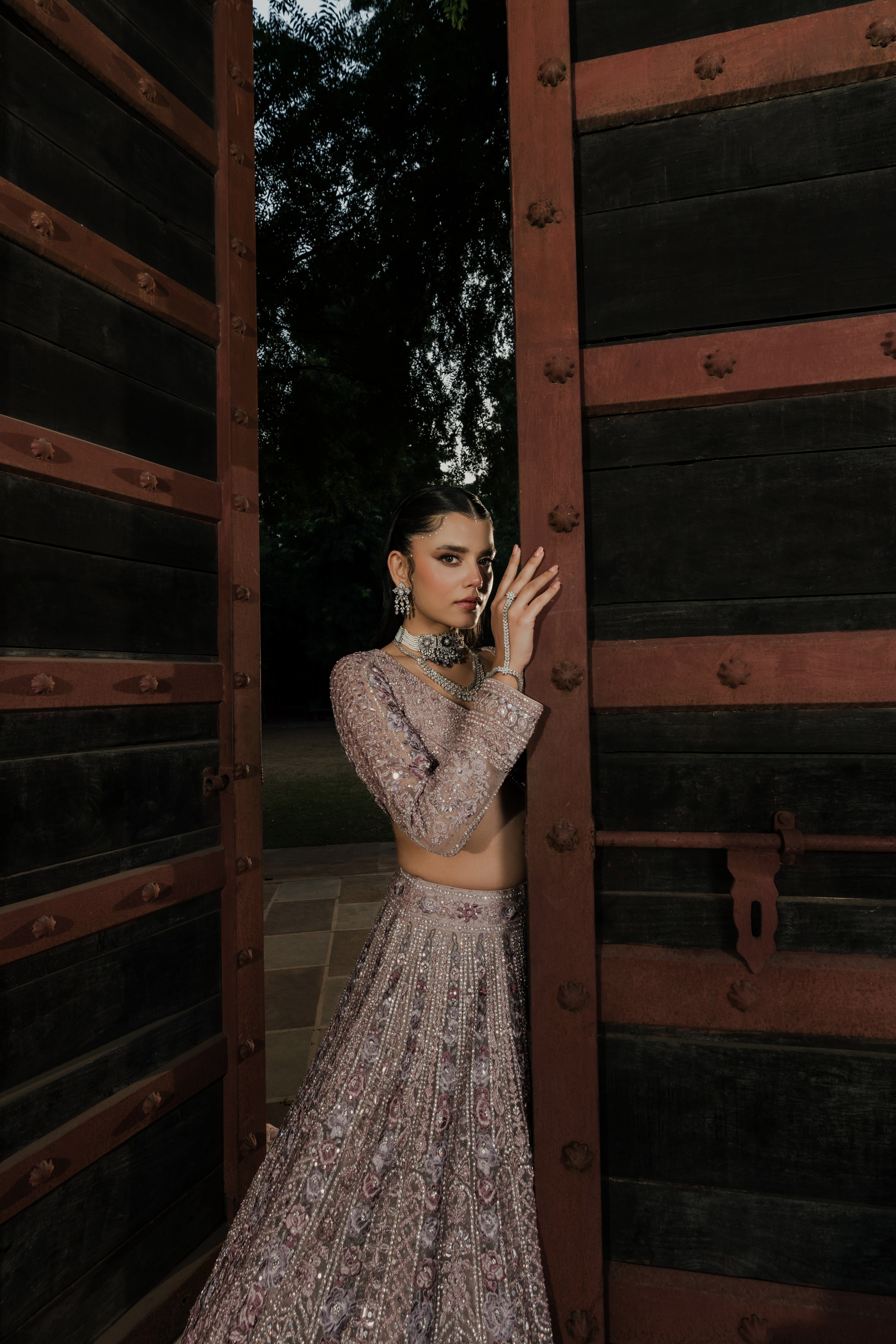 Dusty Lilac Net Lehenga with Intricate Sequin and Thread Embroidery Mokshaa