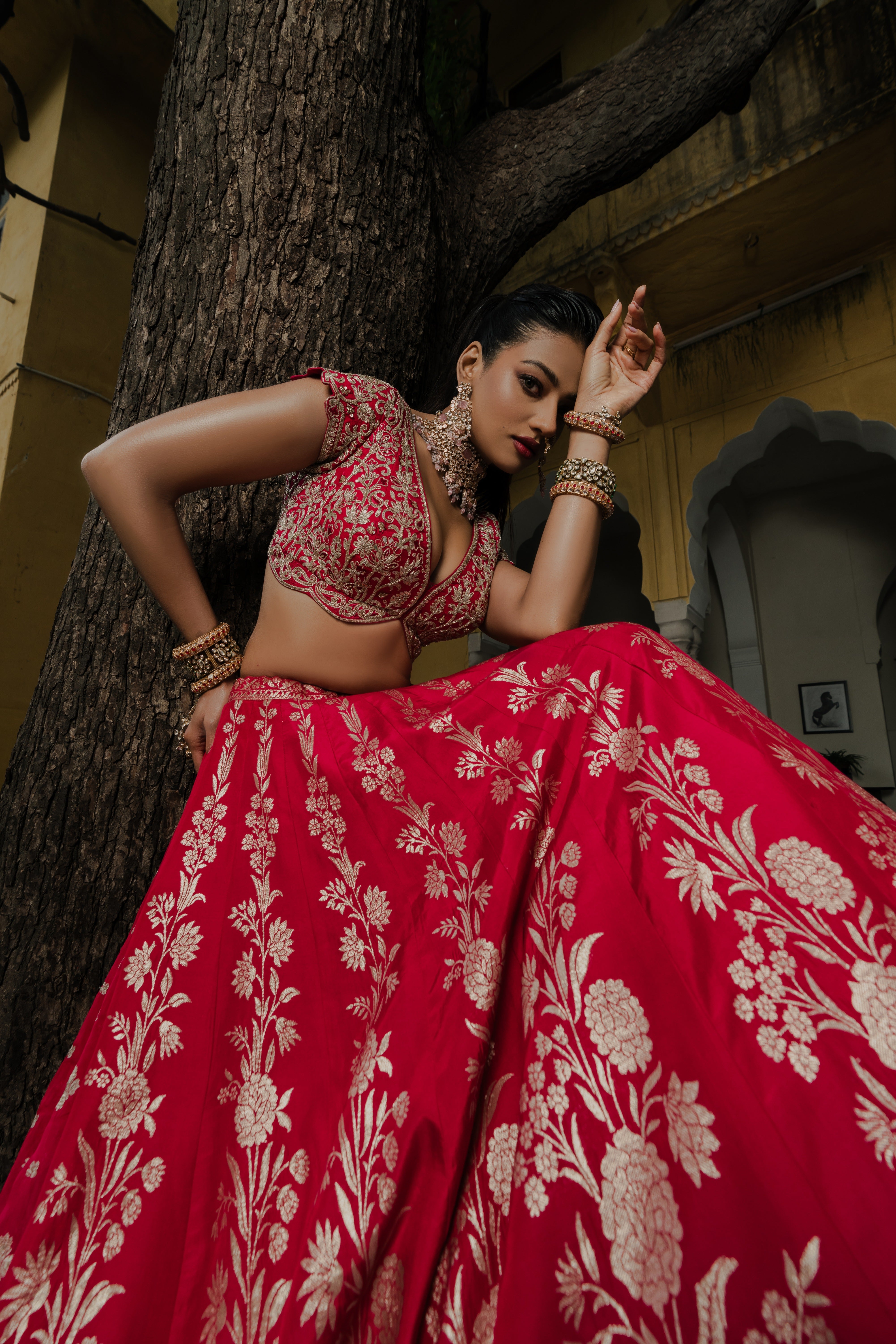 Red Silk Lehenga Set with Silver Zari Embroidery Mokshaa