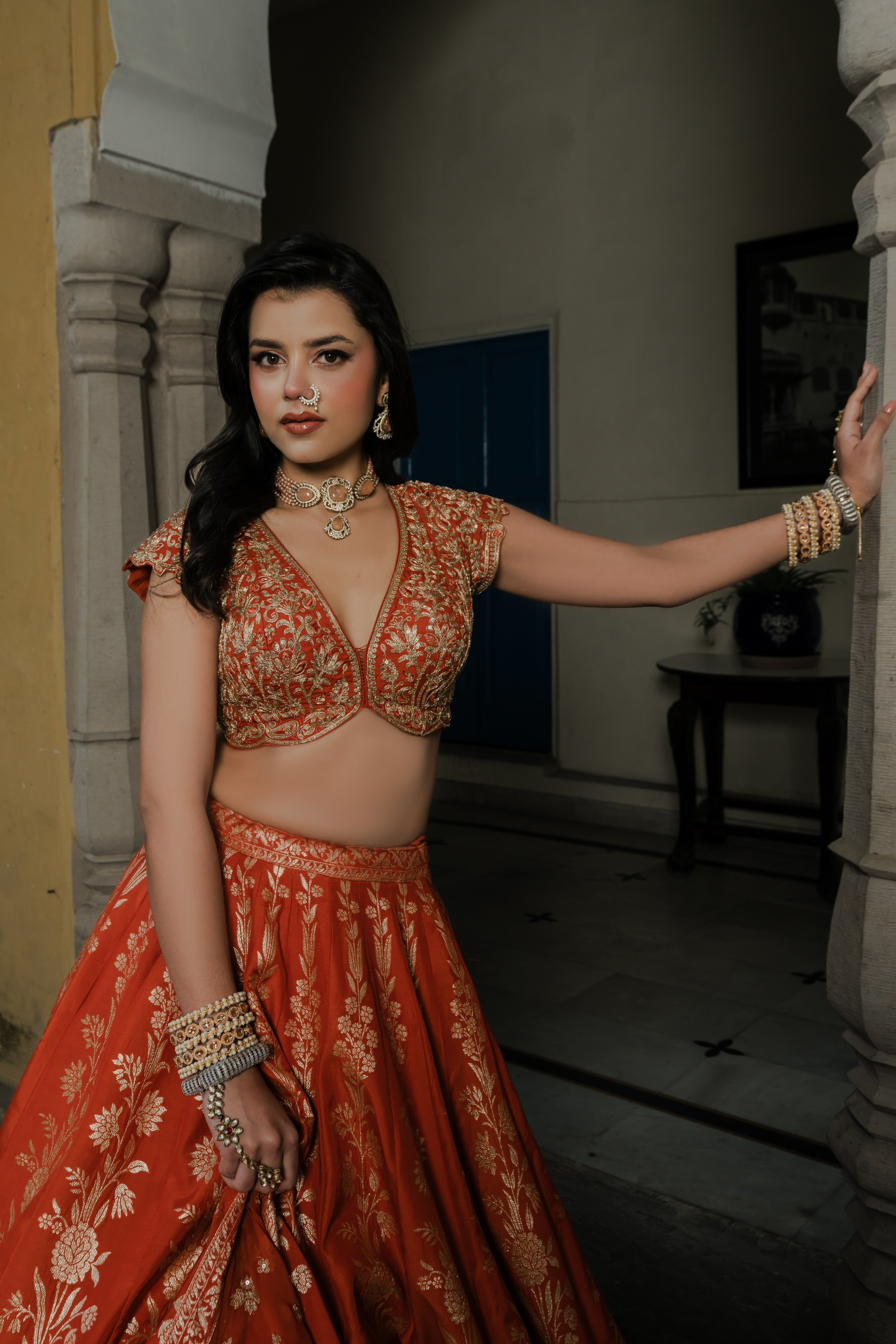 Rust Silk Lehenga Set with Silver Zari Embroidery Mokshaa