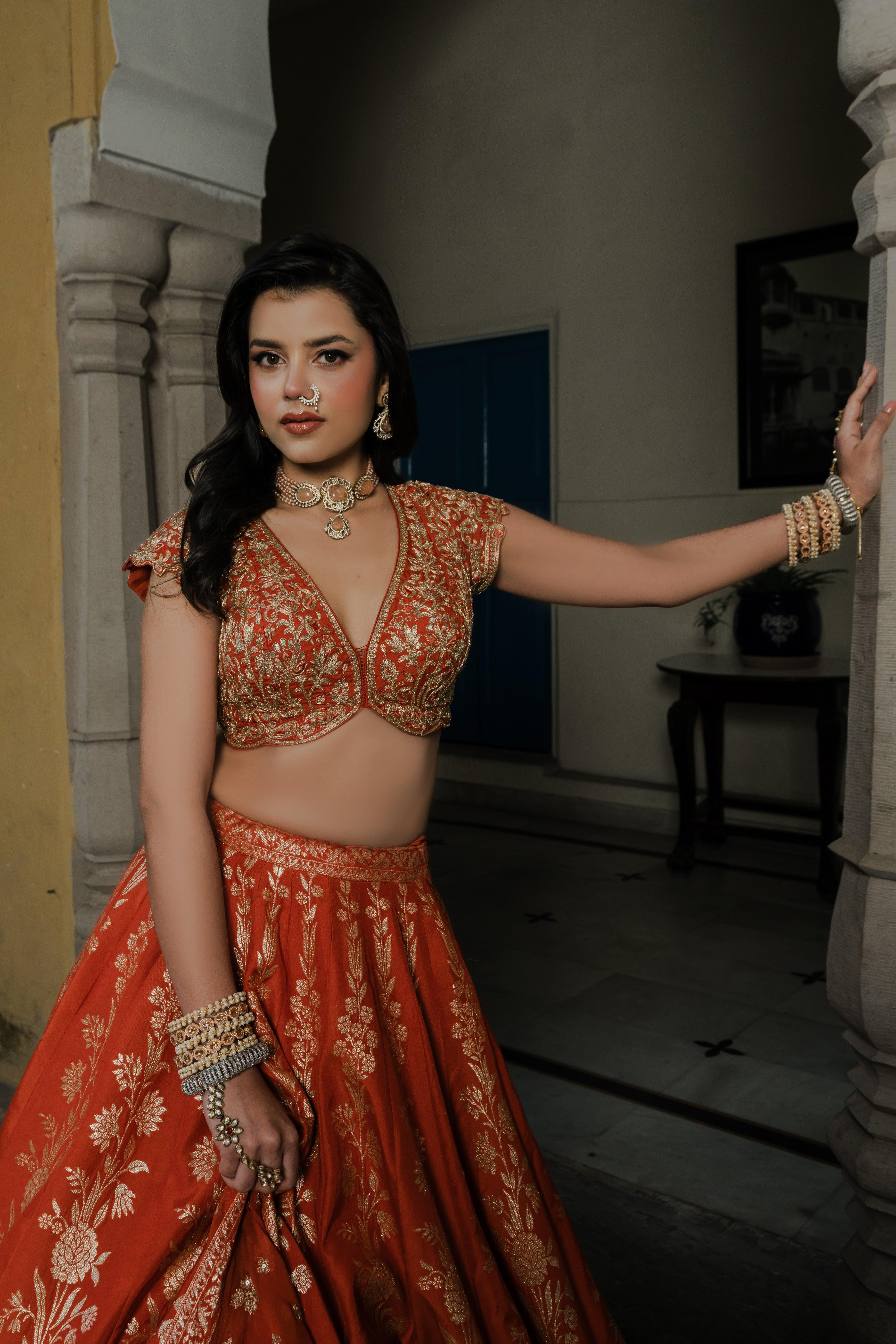 Rust Silk Lehenga Set with Silver Zari Embroidery Mokshaa