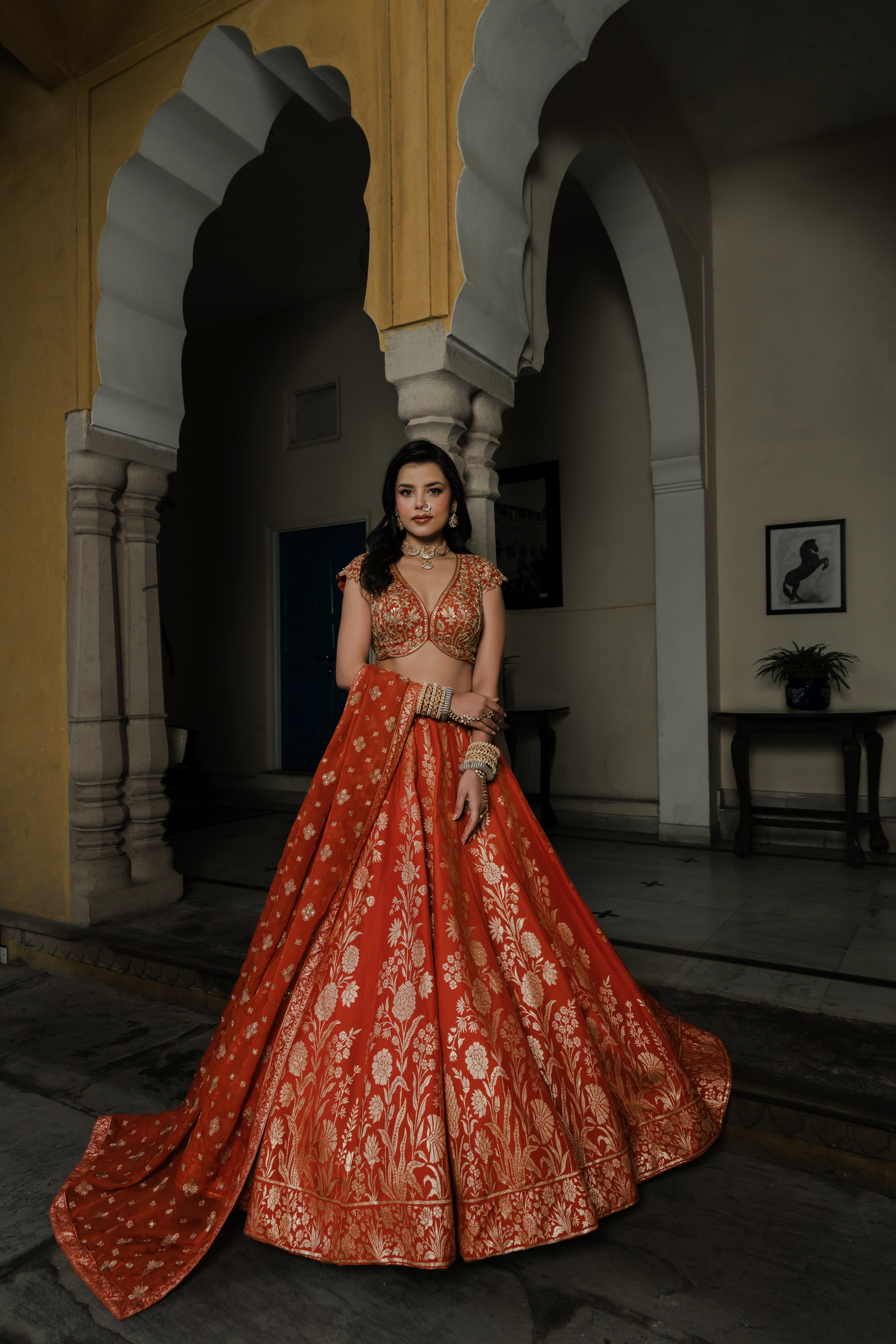 Rust Silk Lehenga Set with Silver Zari Embroidery Mokshaa