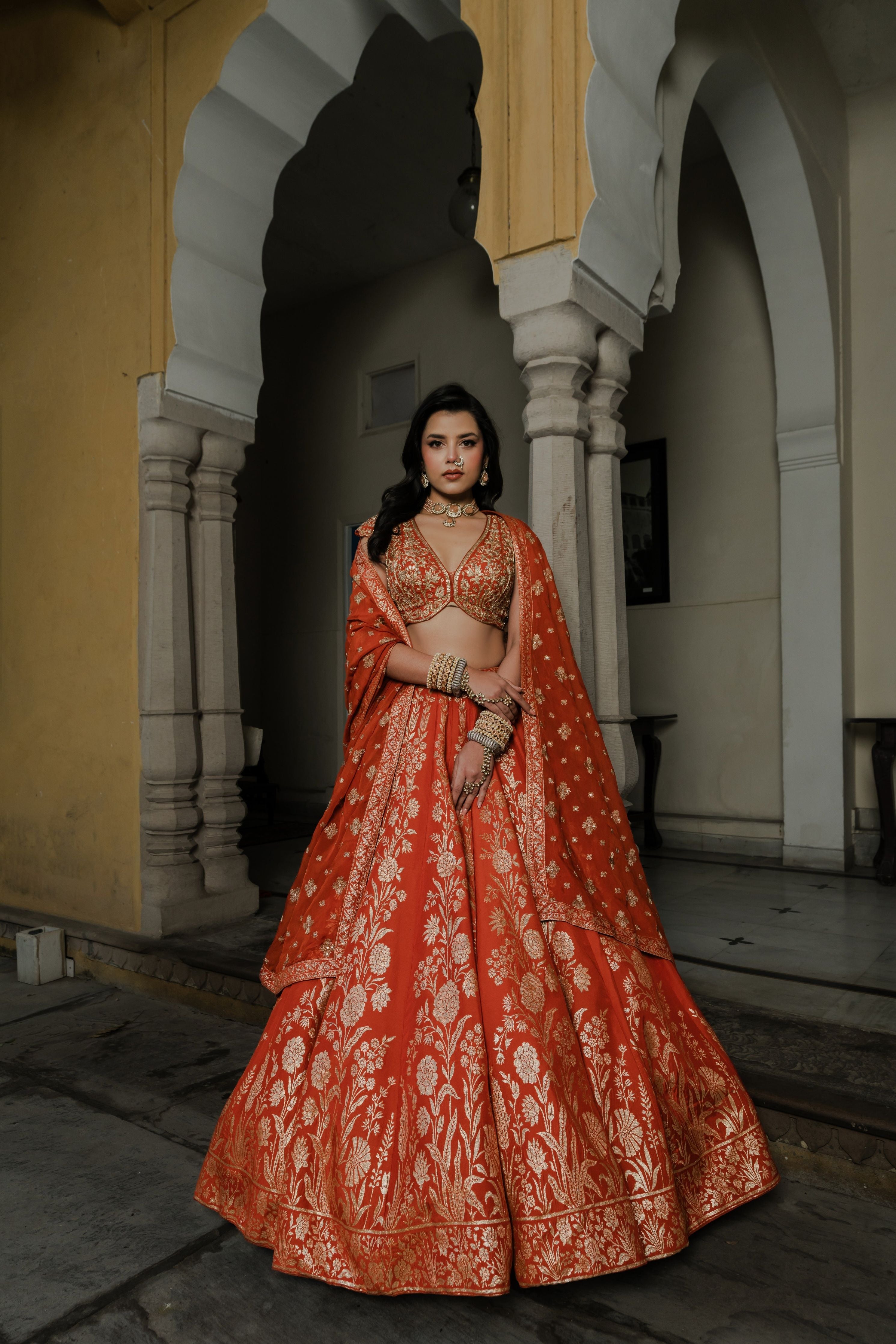 Rust Silk Lehenga Set with Silver Zari Embroidery Mokshaa