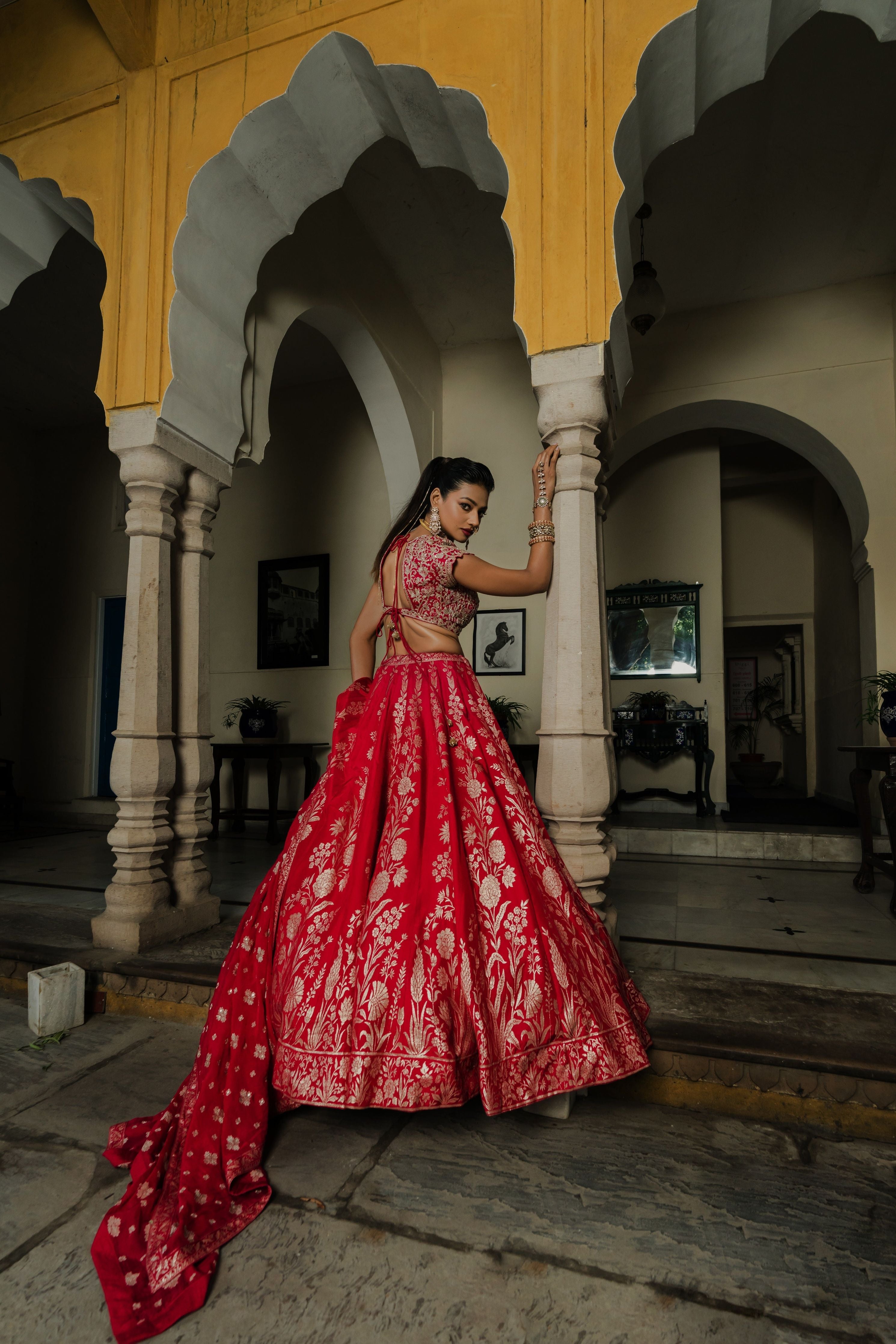 Red Silk Lehenga Set with Silver Zari Embroidery Mokshaa
