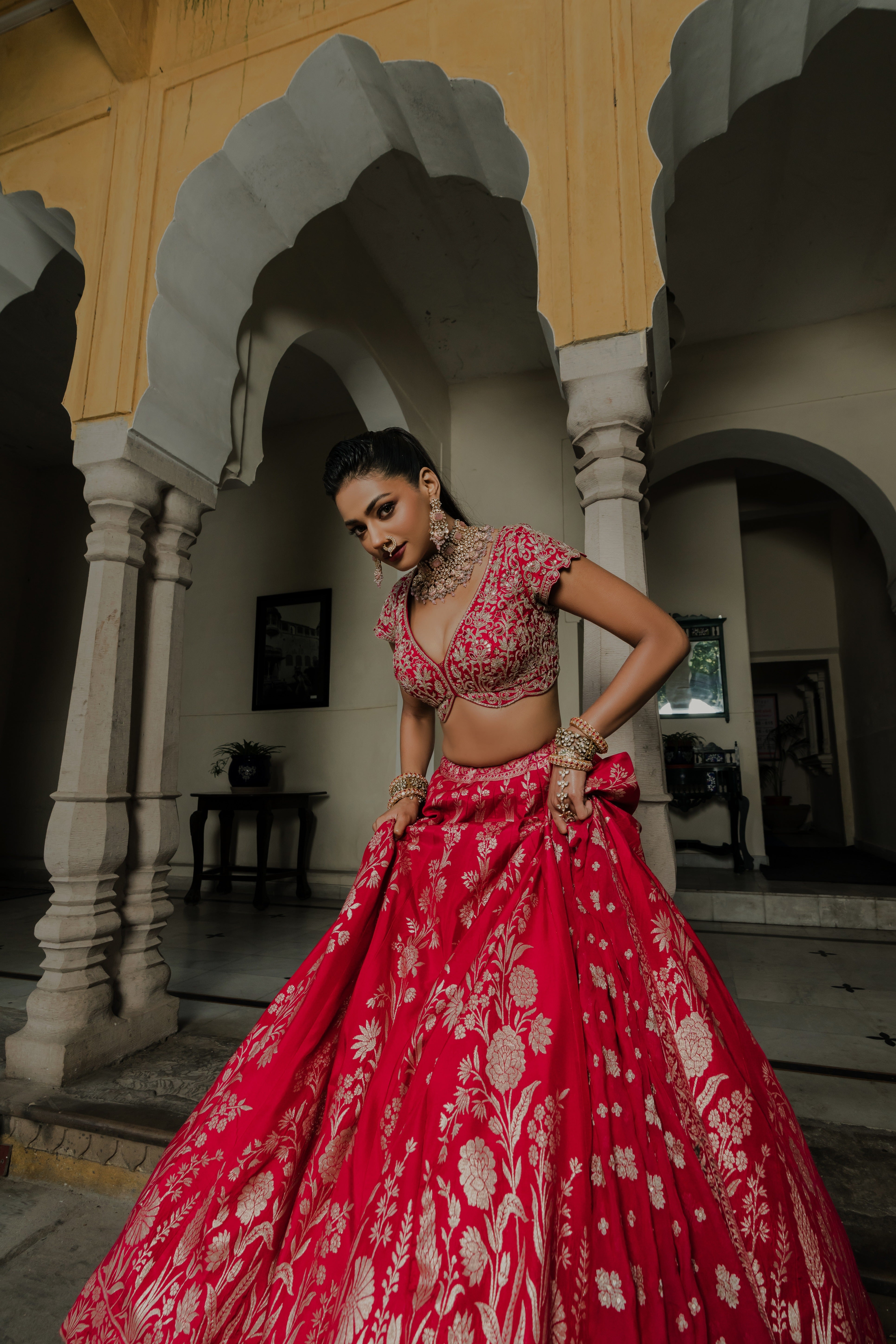 Red Silk Lehenga Set with Silver Zari Embroidery Mokshaa