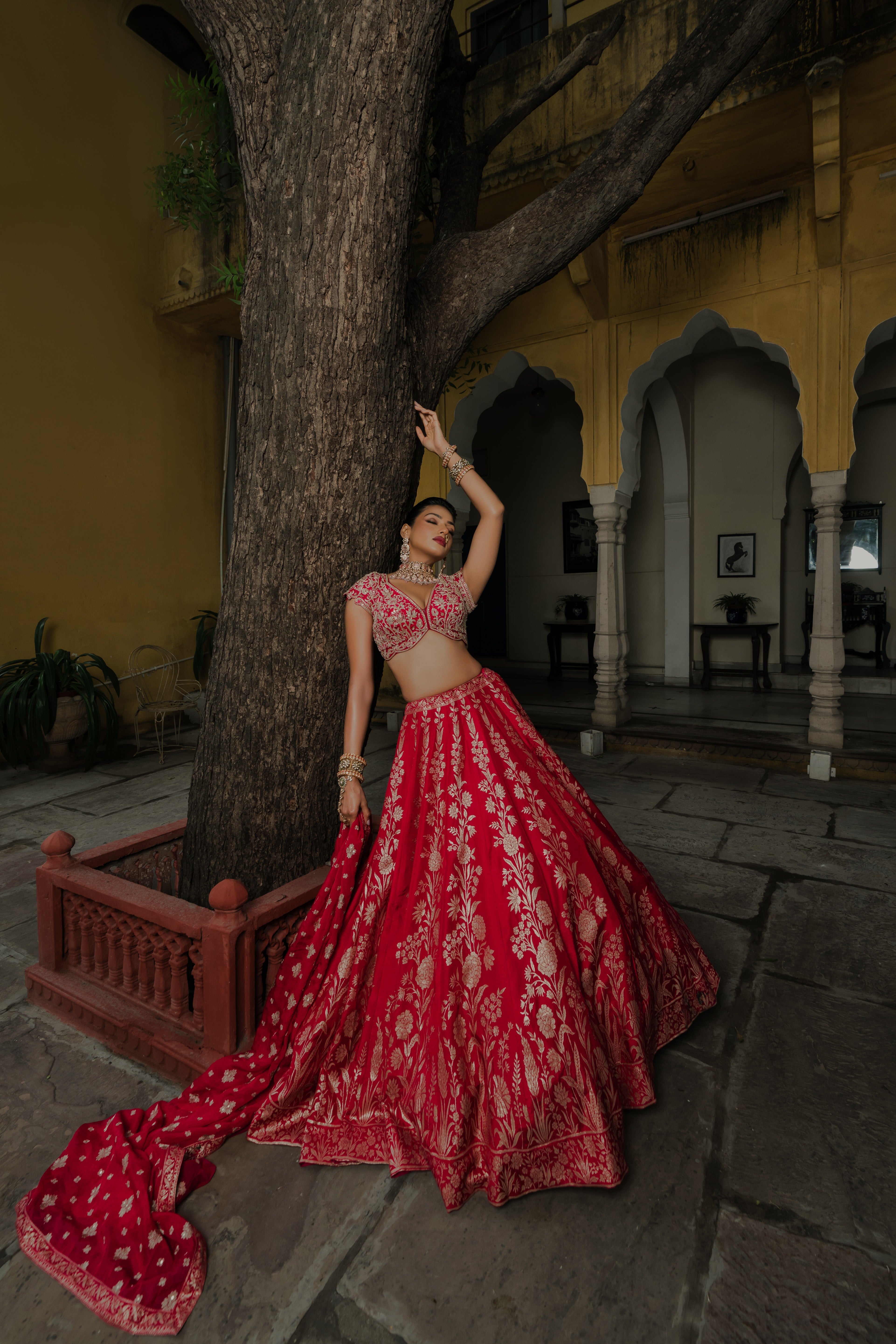 Red Silk Lehenga Set with Silver Zari Embroidery Mokshaa