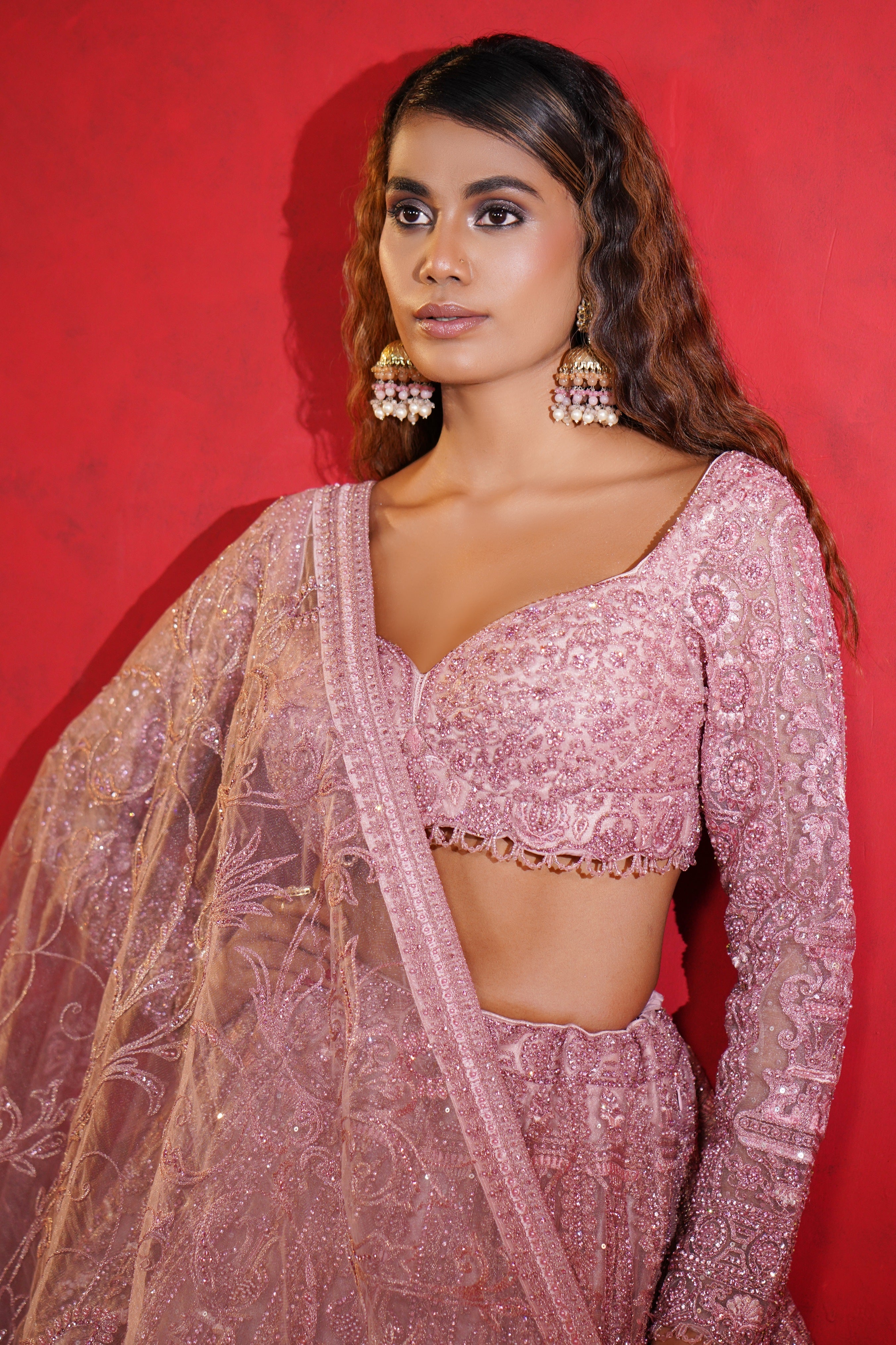 Blush Pink Net Lehenga with Intricate Sequin Embroidery Mokshaa