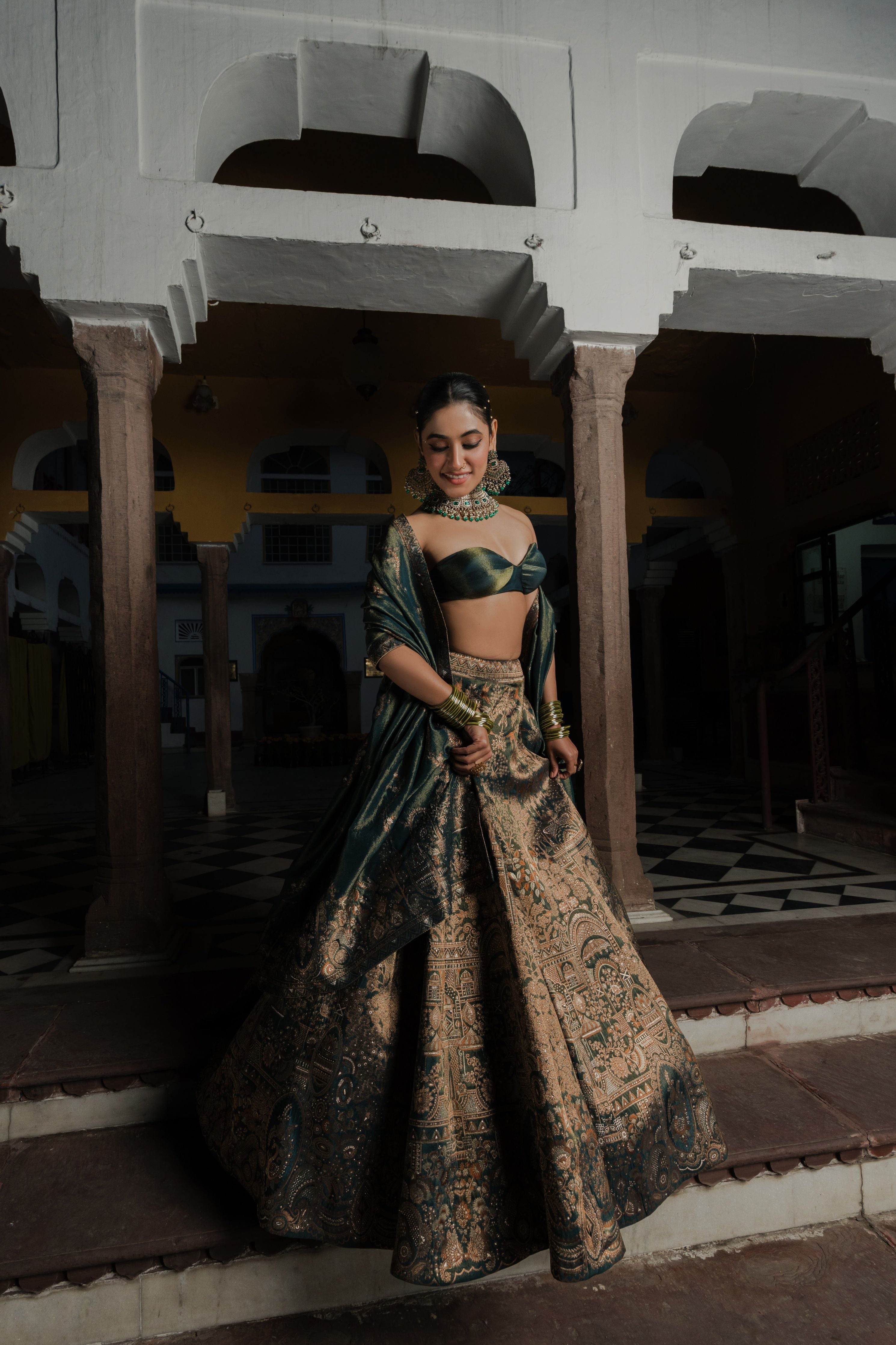 Bottle Green Banarasi Silk Lehenga Set Mokshaa