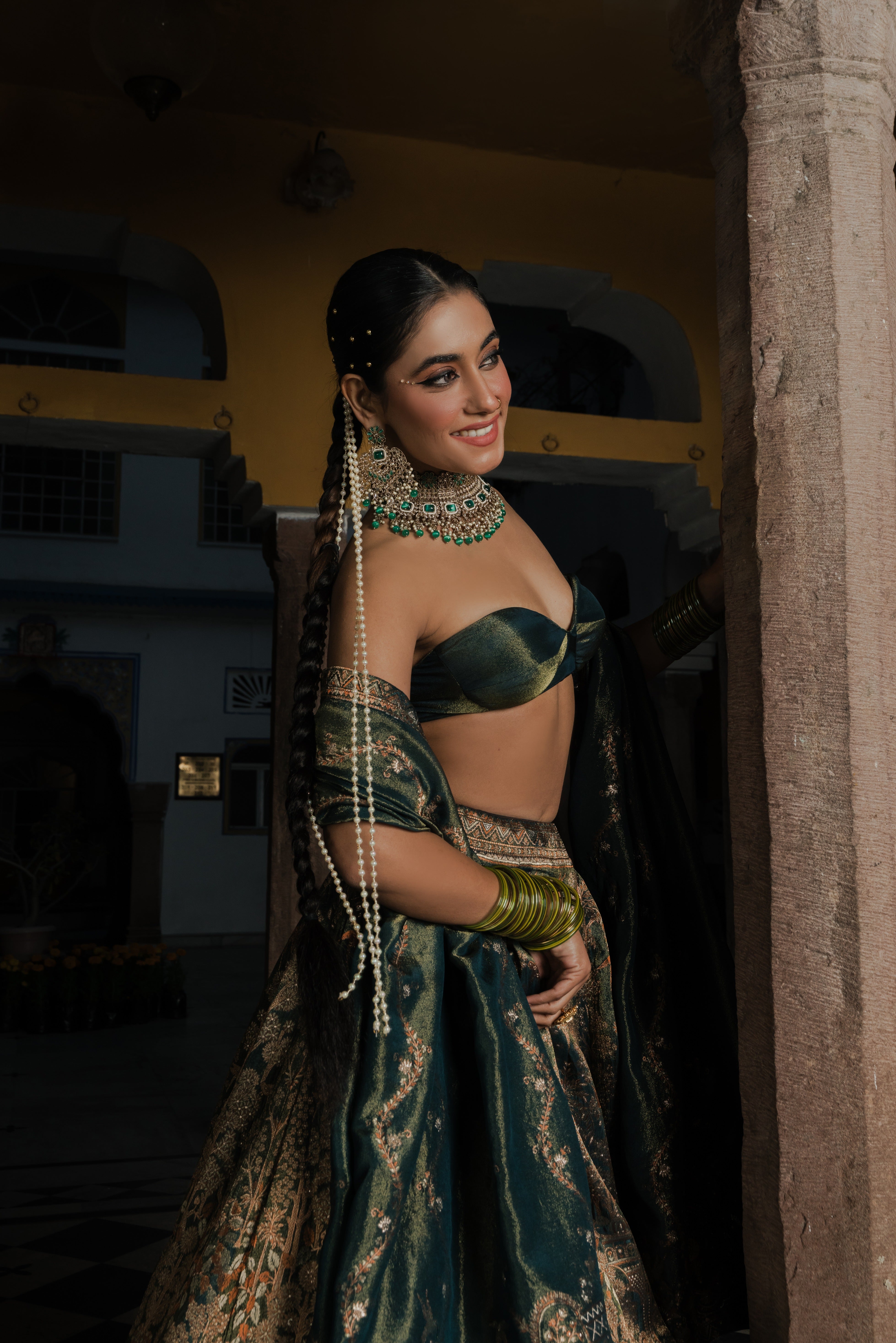 Bottle Green Banarasi Silk Lehenga Set Mokshaa
