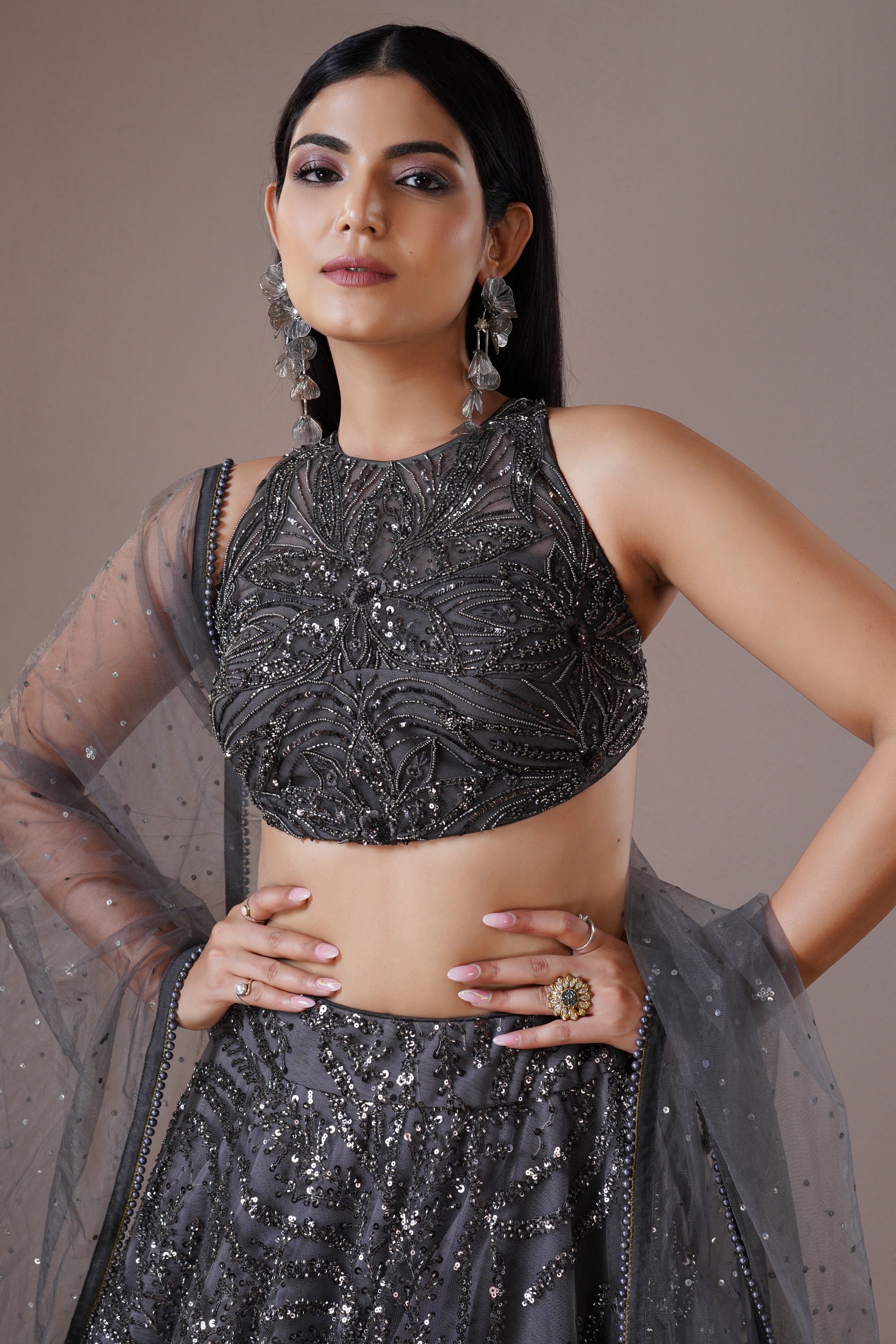 Dark Grey Sequin Embroidered Lehenga Set Mokshaa