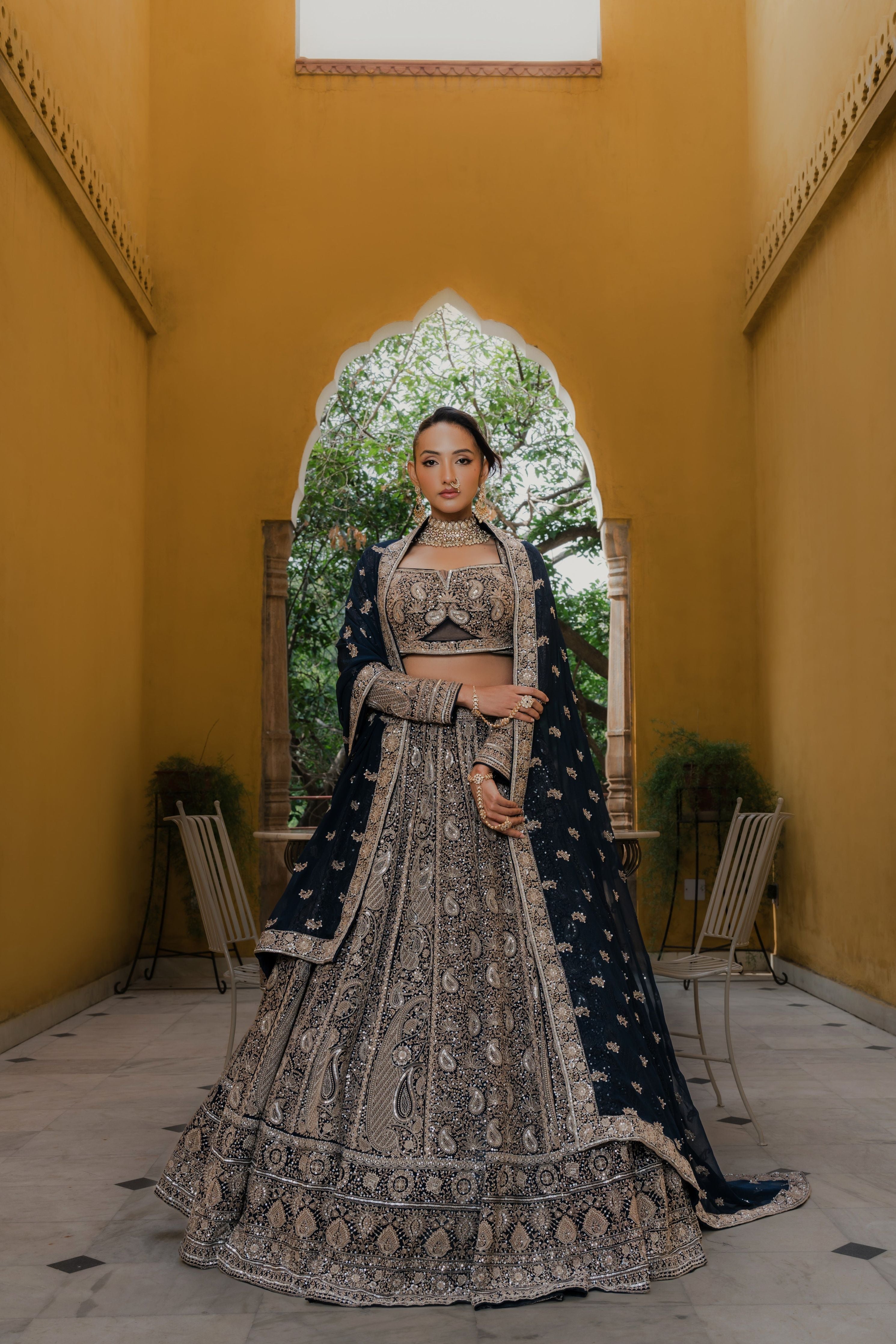 Midnight Blue Georgette Lehenga with Zardosi & Sequin Embroidery Mokshaa