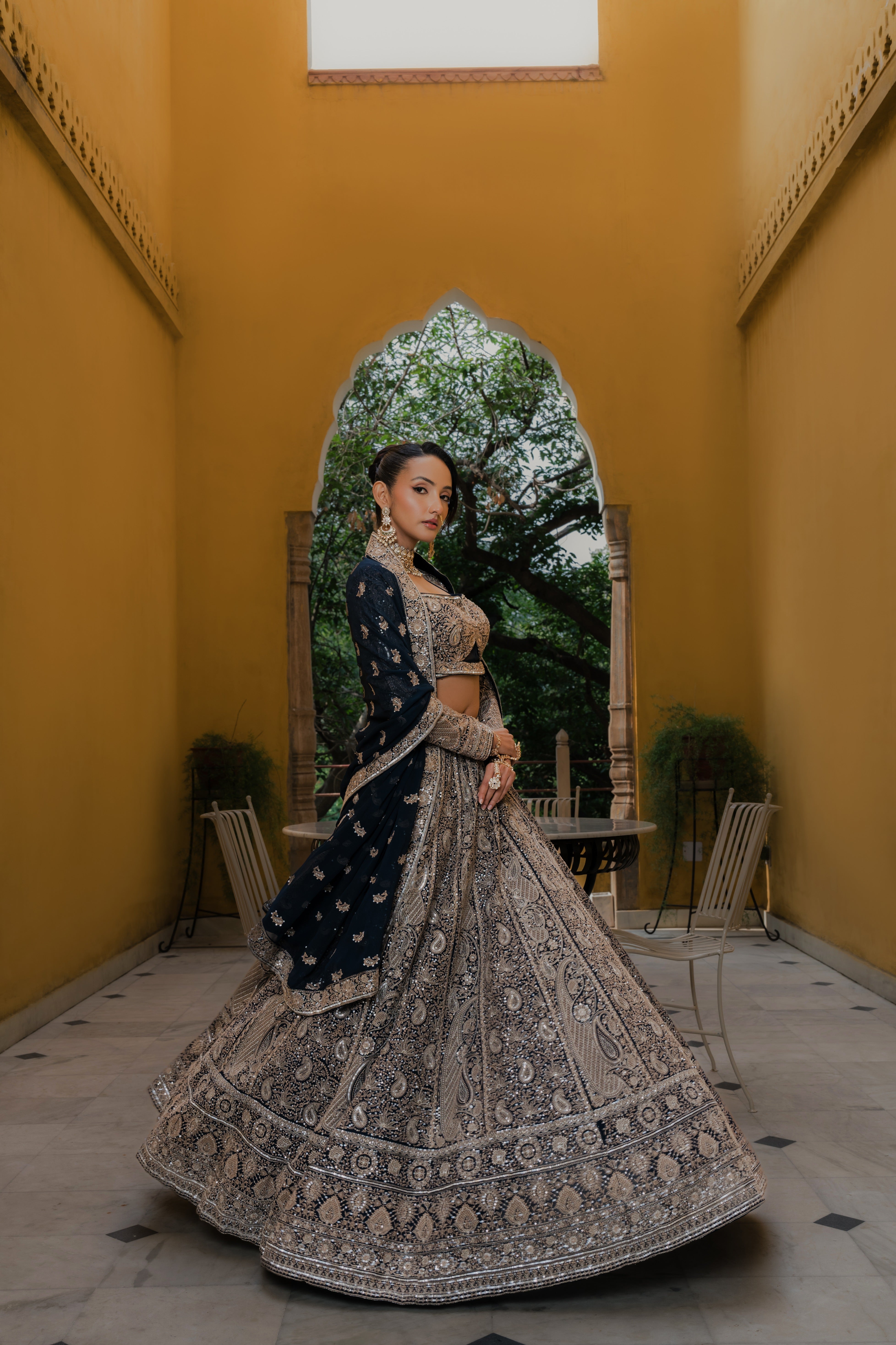 Midnight Blue Georgette Lehenga with Zardosi & Sequin Embroidery Mokshaa