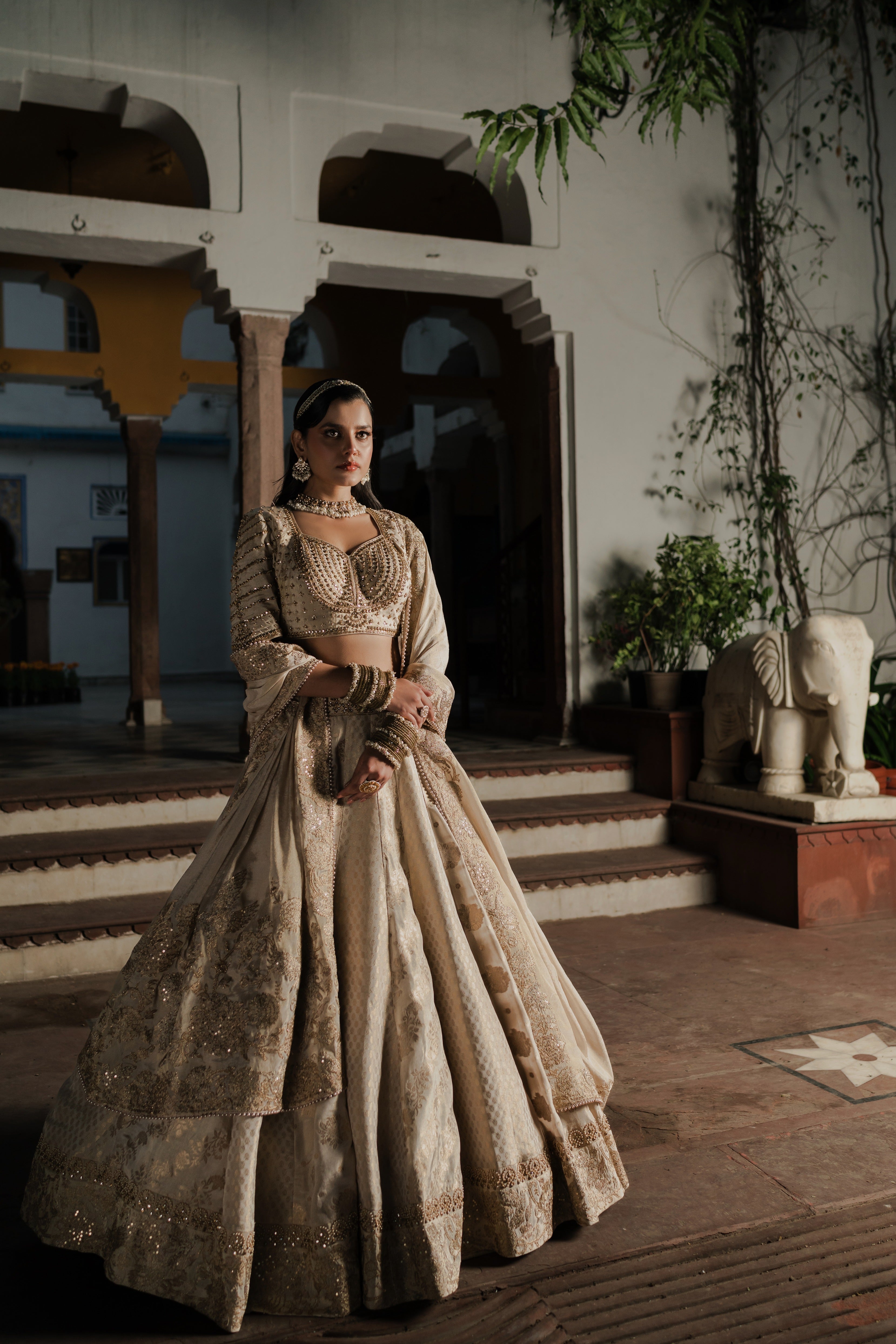 Ivory Silk Lehenga with Zardosi & Sequin Embroidery Mokshaa
