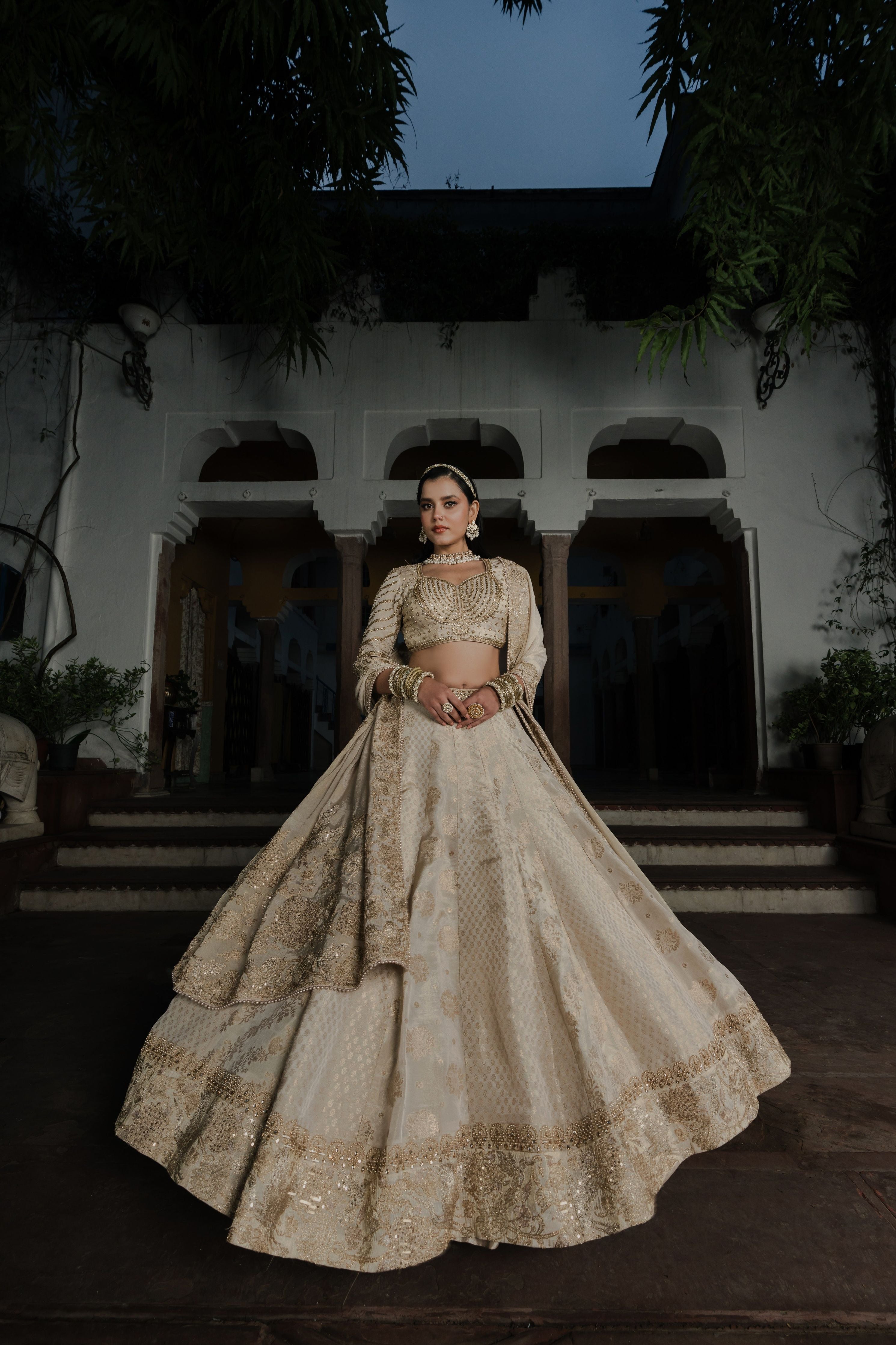 Ivory Silk Lehenga with Zardosi & Sequin Embroidery Mokshaa
