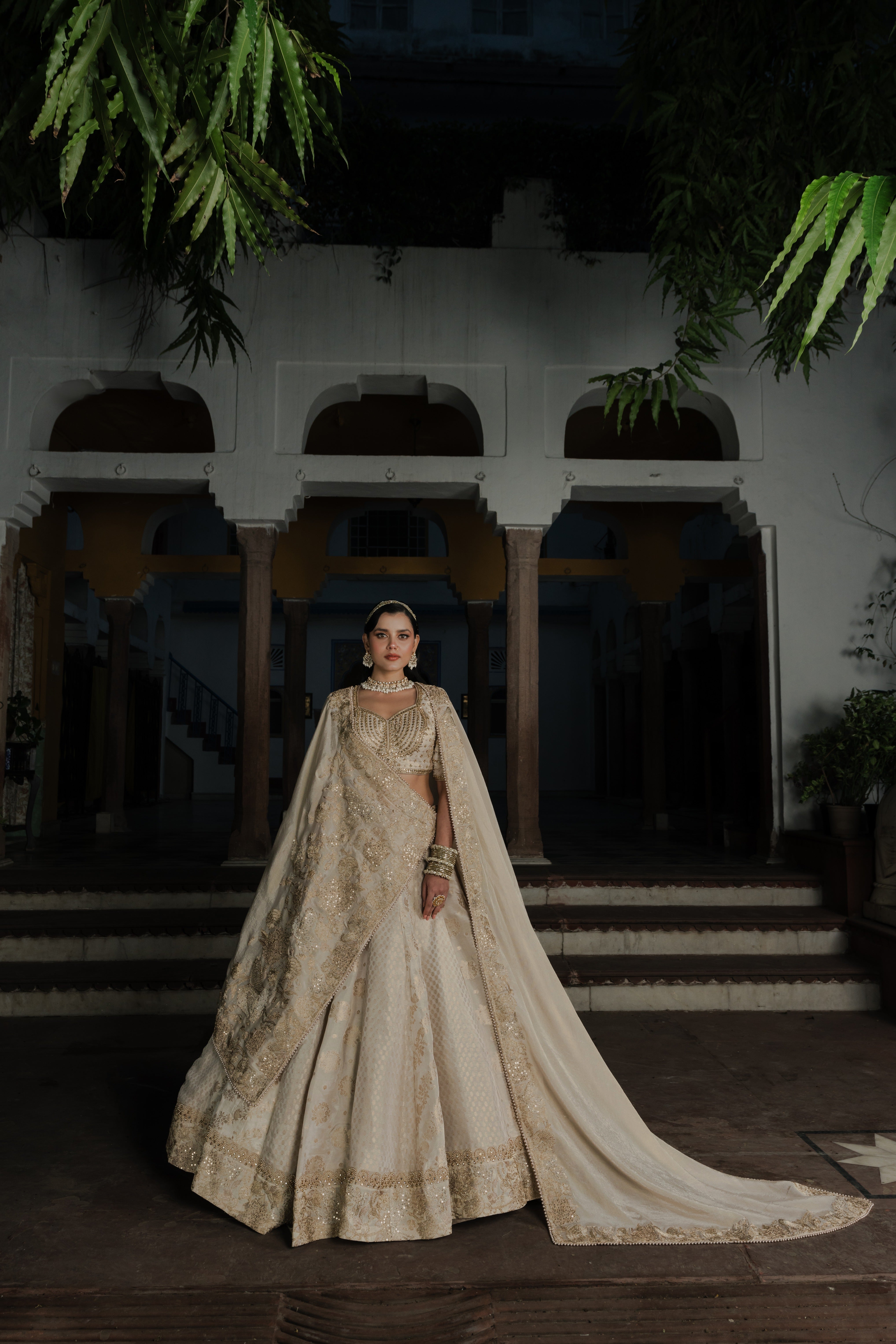 Ivory Silk Lehenga with Zardosi & Sequin Embroidery Mokshaa