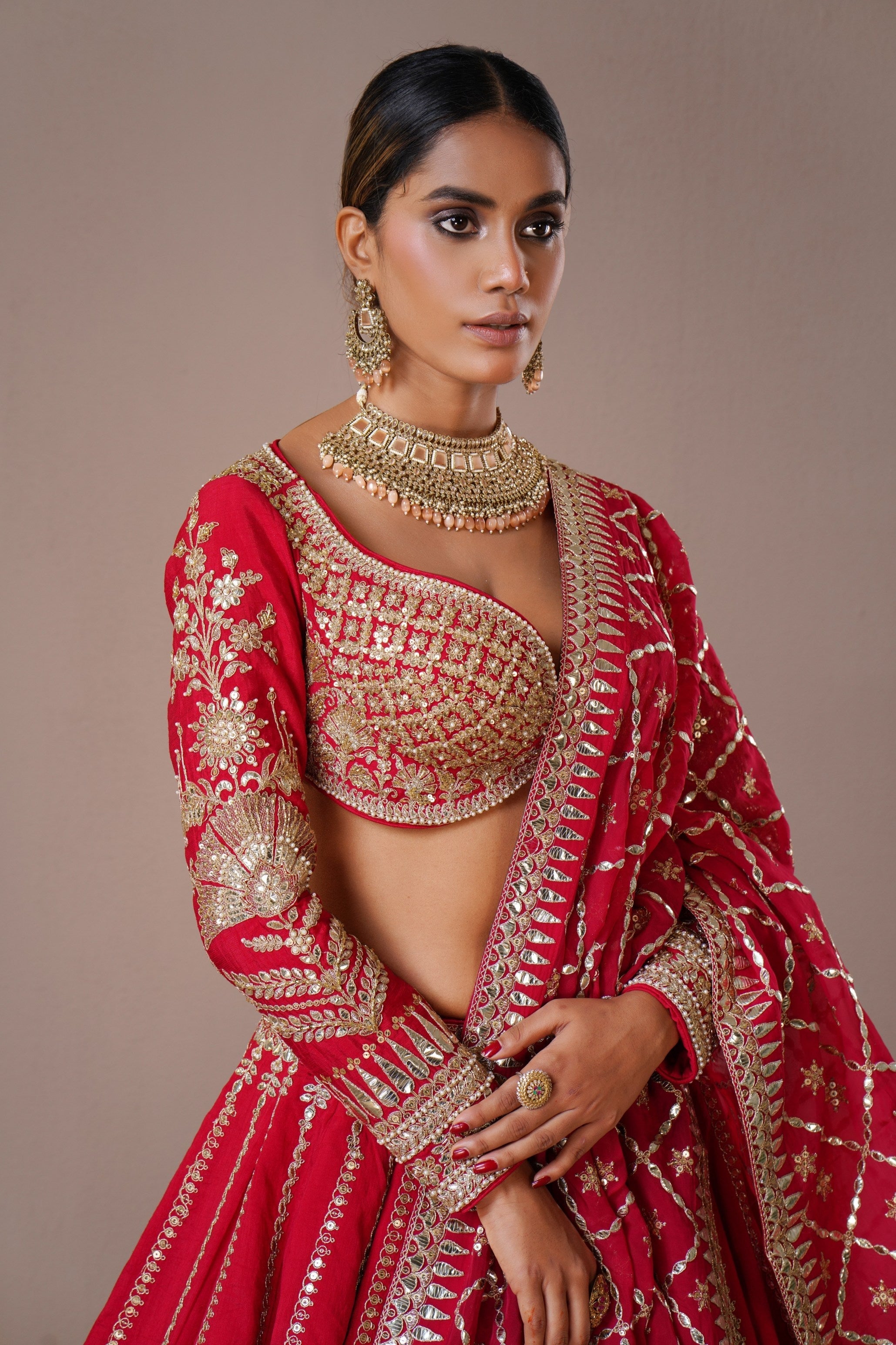 Crimson Red Zardozi Embroidered Silk Lehenga Set Mokshaa