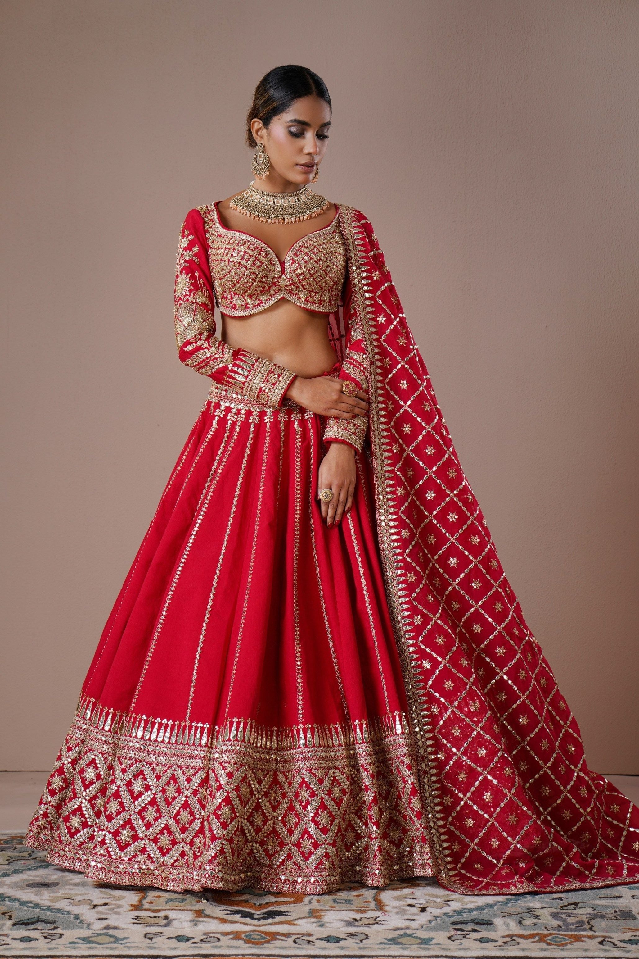 Crimson Red Zardozi Embroidered Silk Lehenga Set Mokshaa