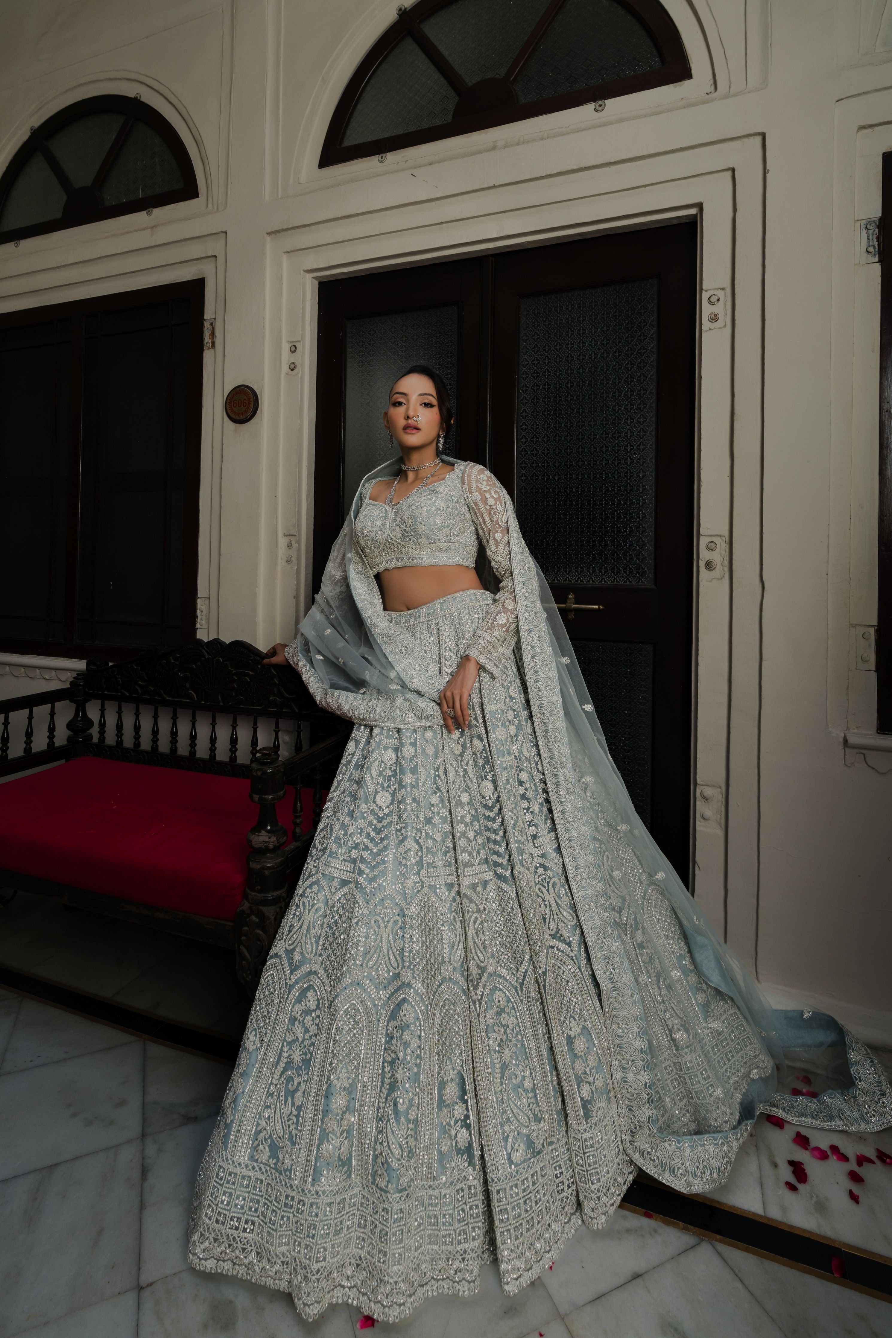 Powder Blue Net Lehenga with Sequin & Thread Embroidery Mokshaa