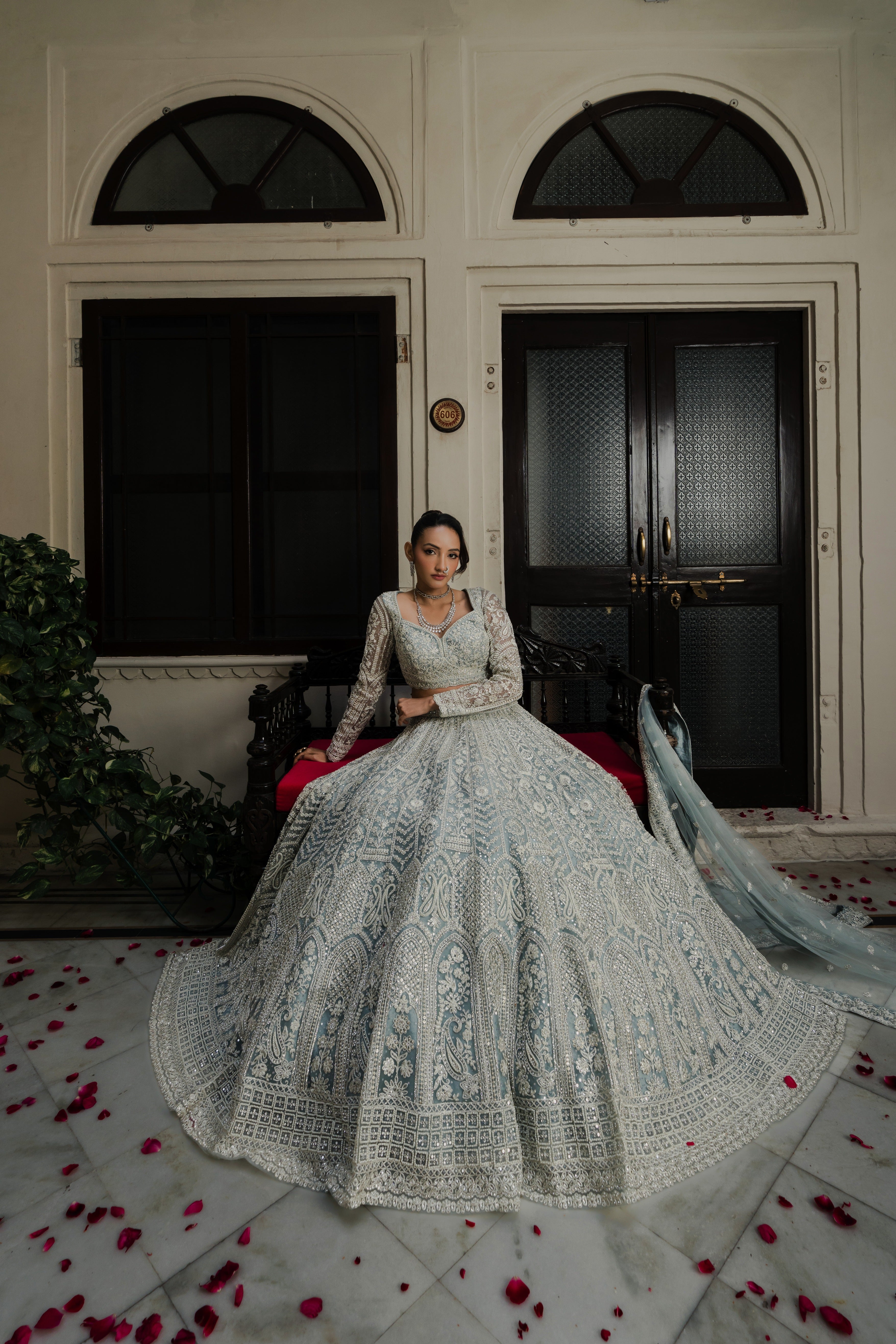 Powder Blue Net Lehenga with Sequin & Thread Embroidery Mokshaa