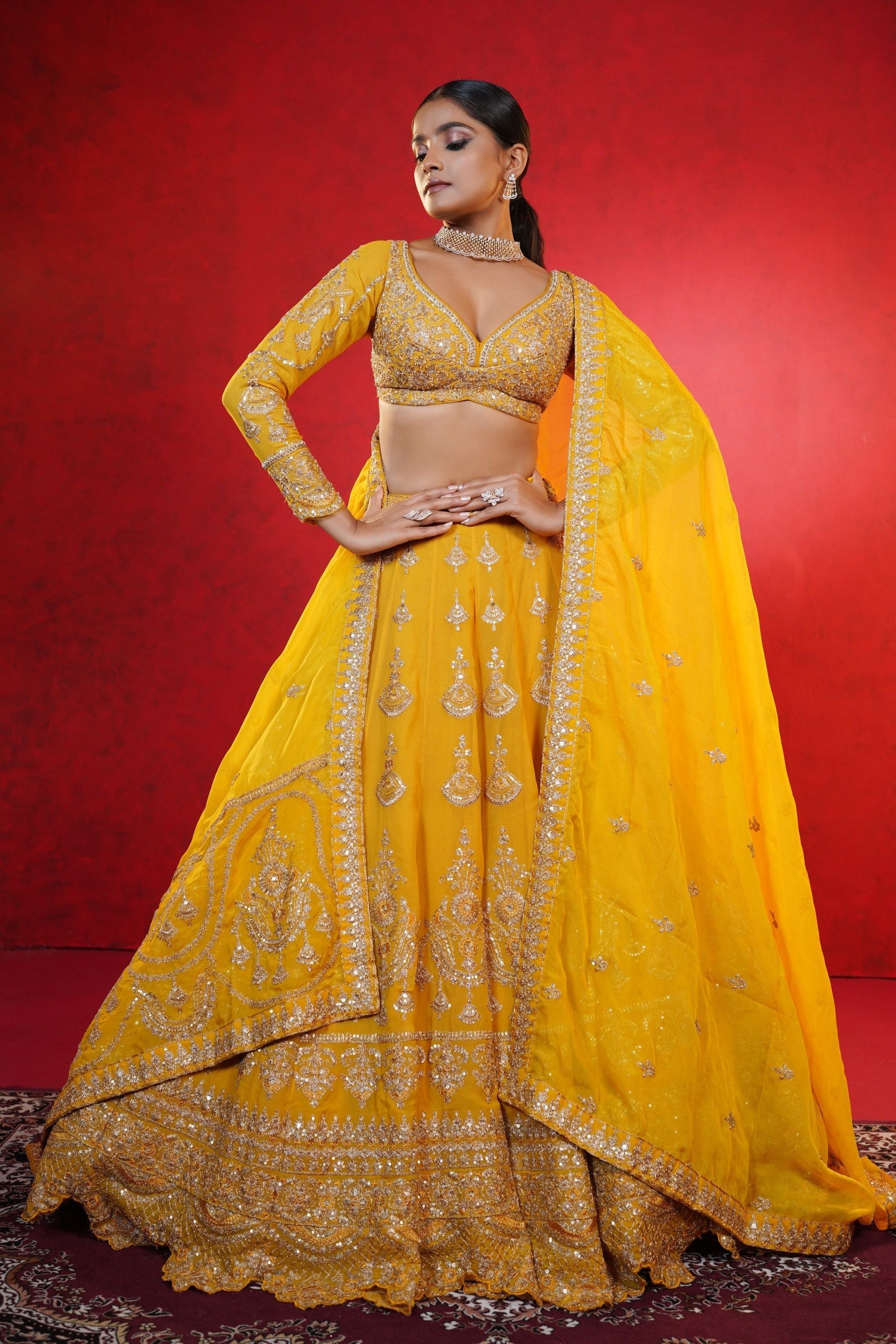 Mustard Yellow Crepe Lehenga with Intricate Zardosi Embroidery Mokshaa