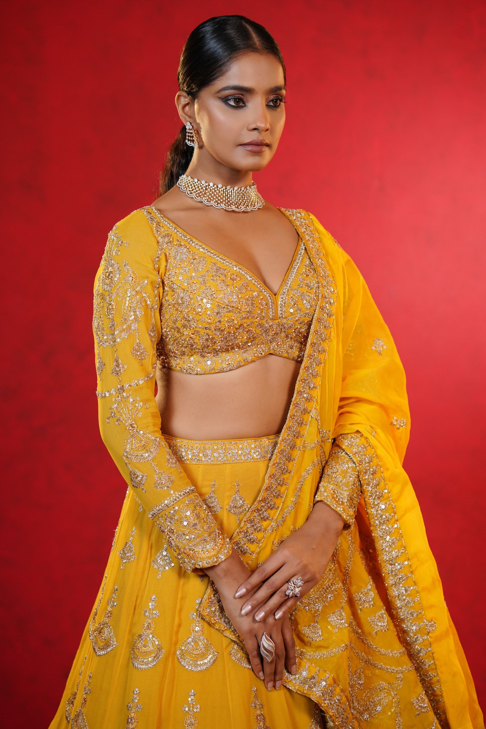 Mustard Yellow Crepe Lehenga with Intricate Zardosi Embroidery Mokshaa