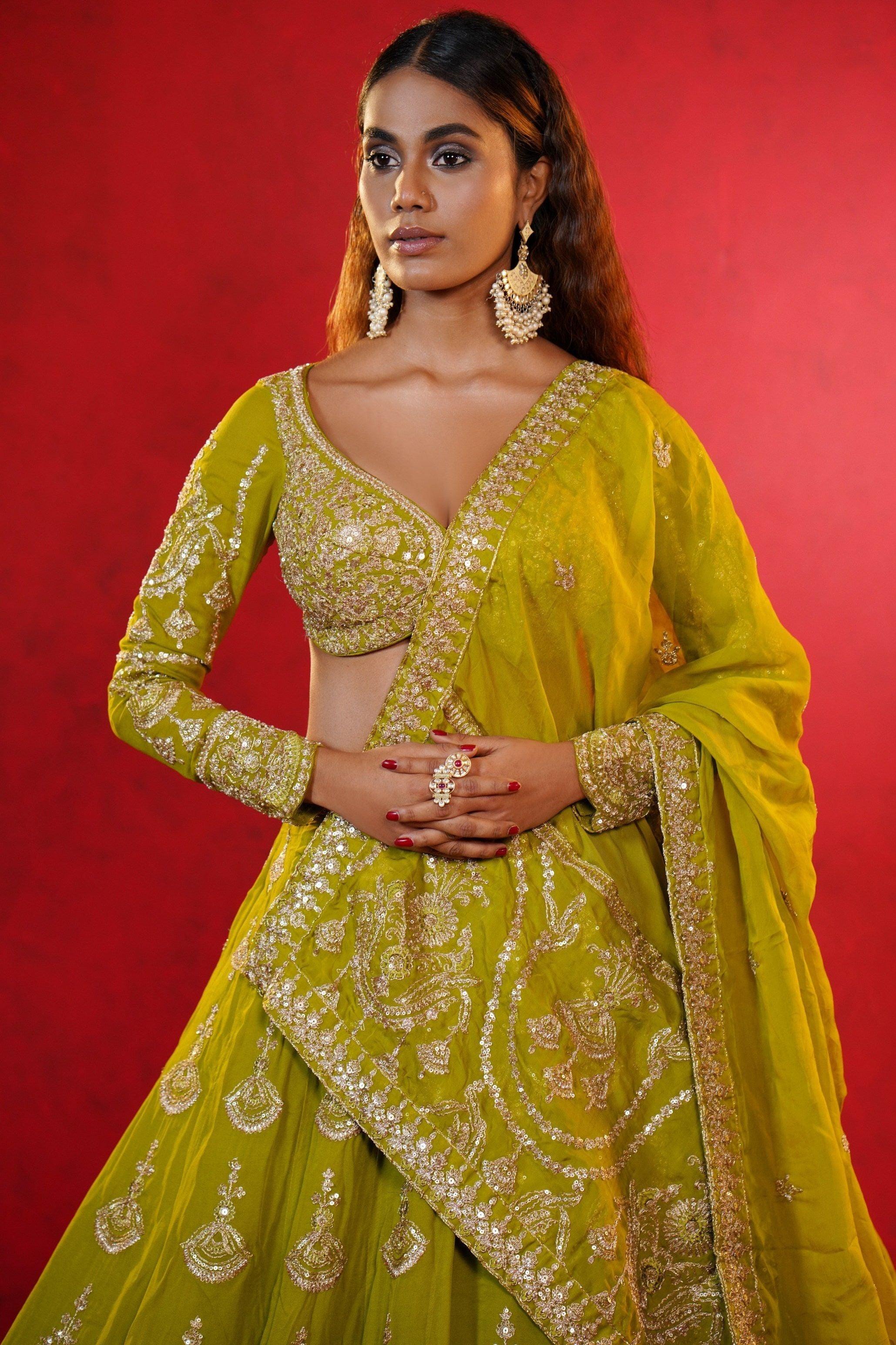 Green Crepe Lehenga with Intricate Zardosi Embroidery Mokshaa