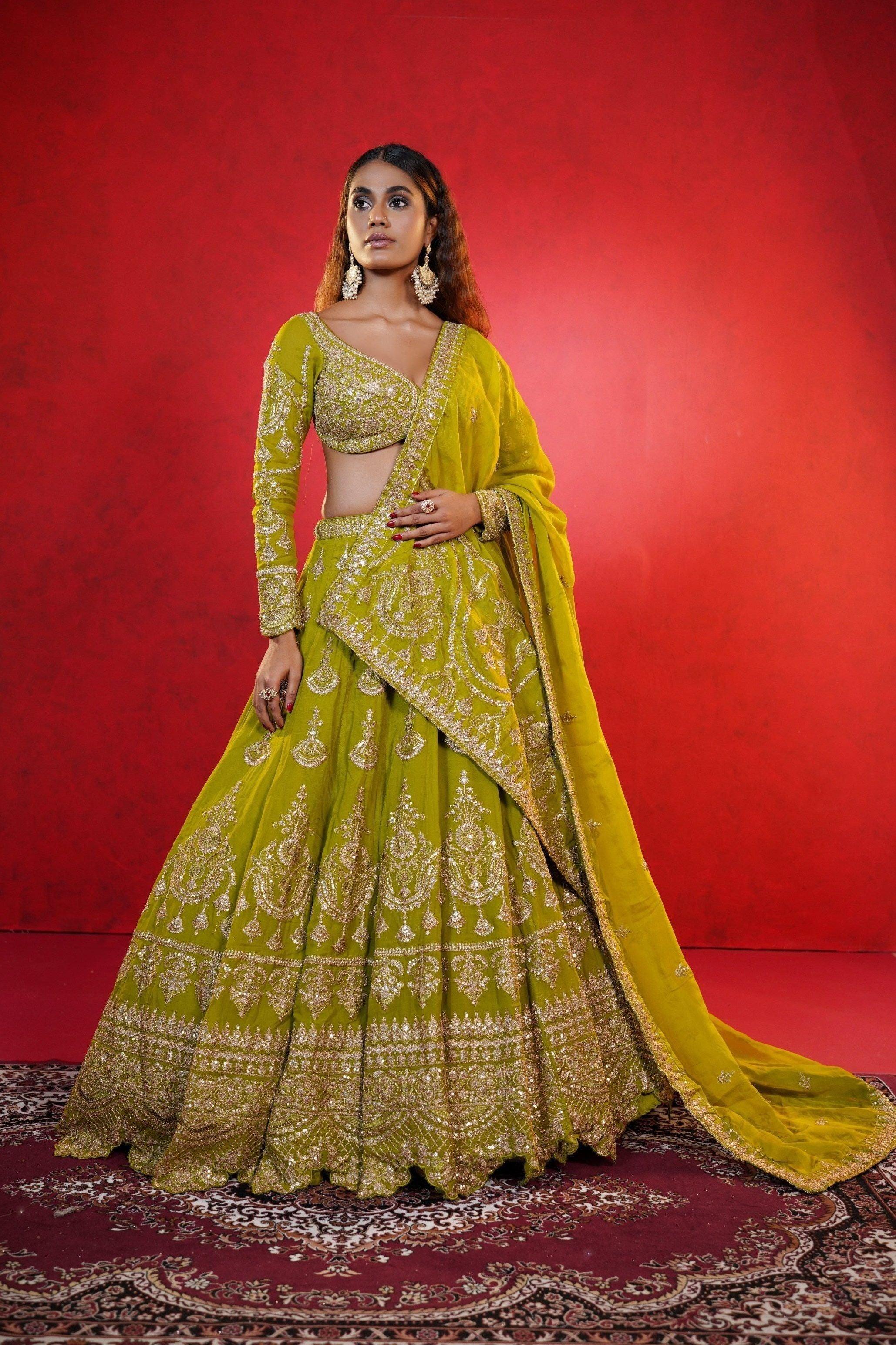 Green Crepe Lehenga with Intricate Zardosi Embroidery Mokshaa