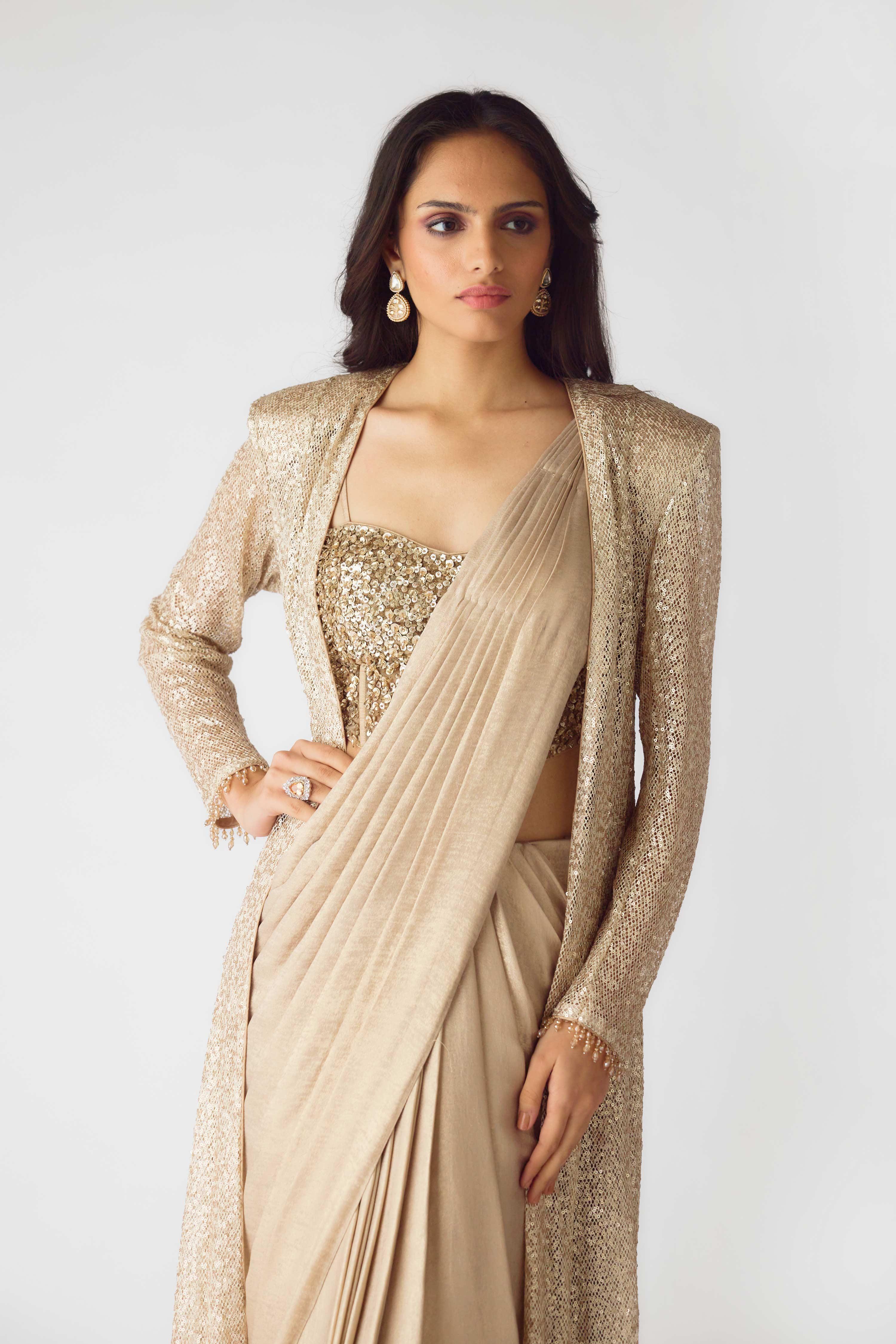 The Lunar Glow Draped Saree & Jacket Mokshaa