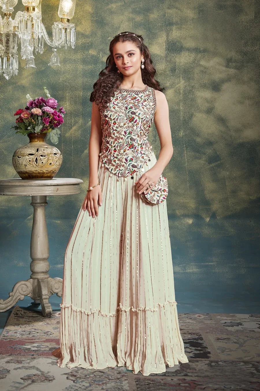 Ivory Palazzo Set with Peplum Top | Mokshaa