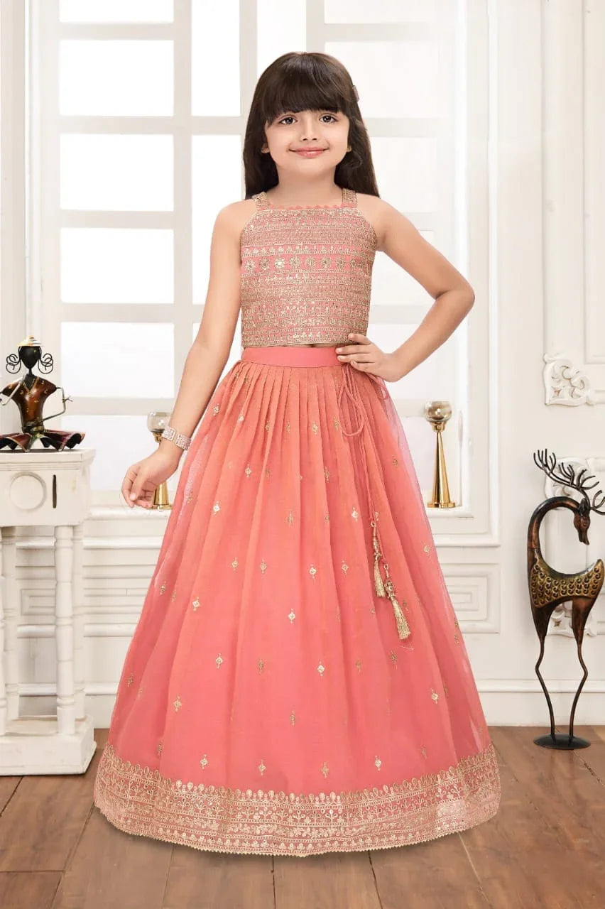 Peach Embroidered Crop Top with Flared Lehenga | Mokshaa