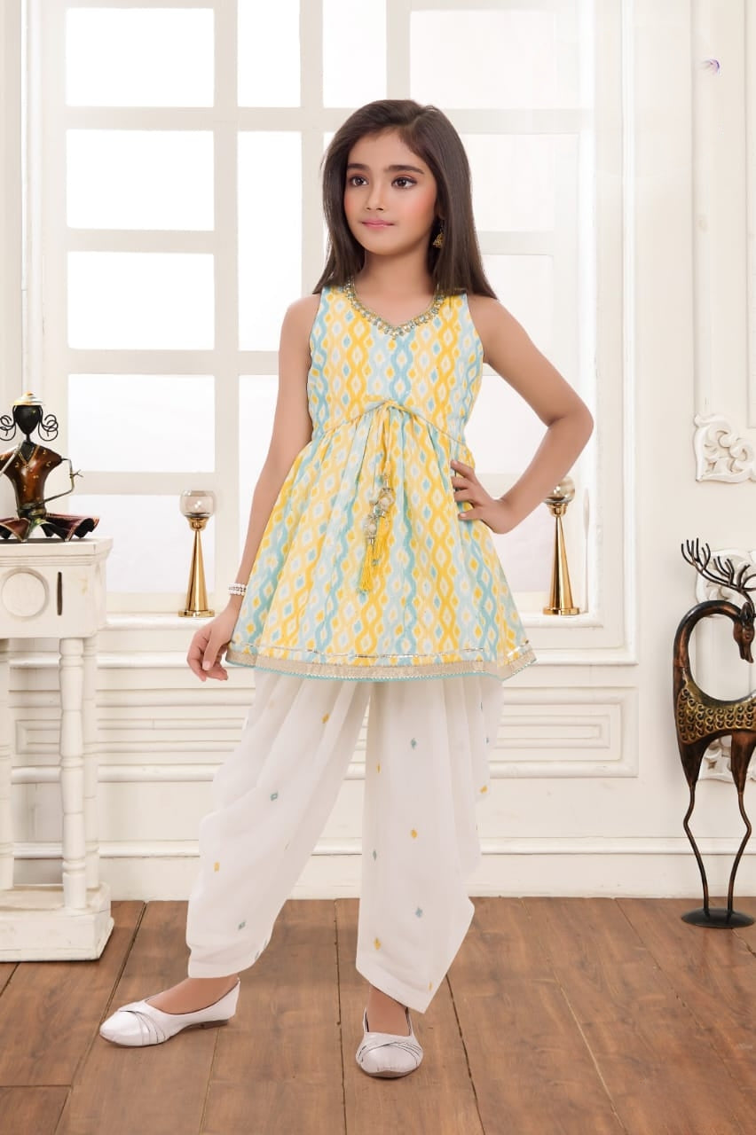 Lemon & Aqua Ikat Peplum Top with White Dhoti Pants
