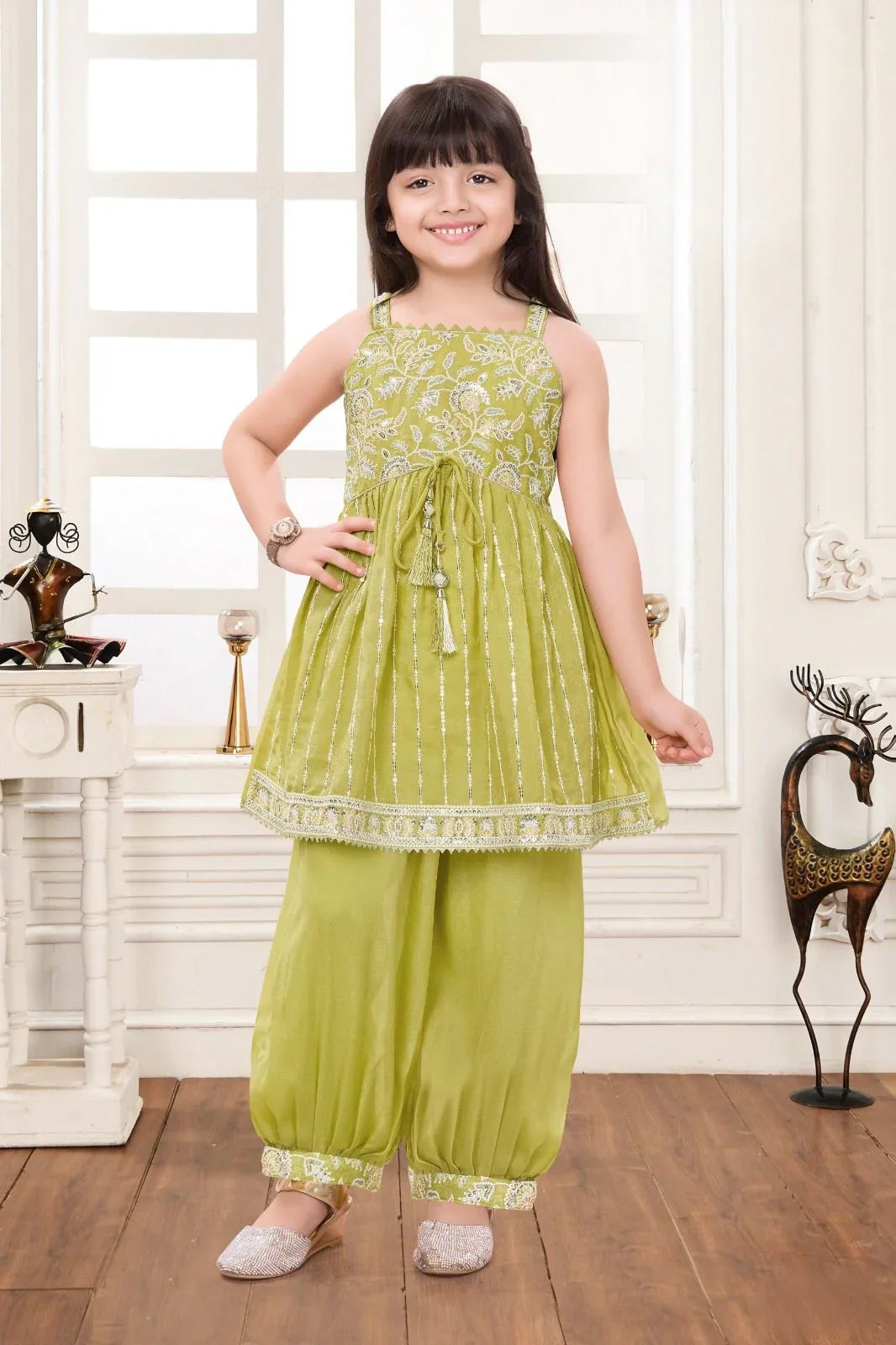 Green Embroidered Short Kurta with Dhoti Pants | Mokshaa