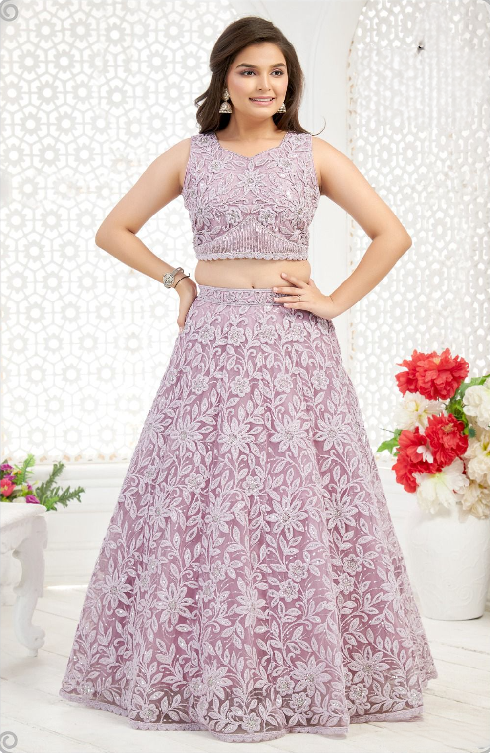 Pink Net Embroidered Lehenga Set