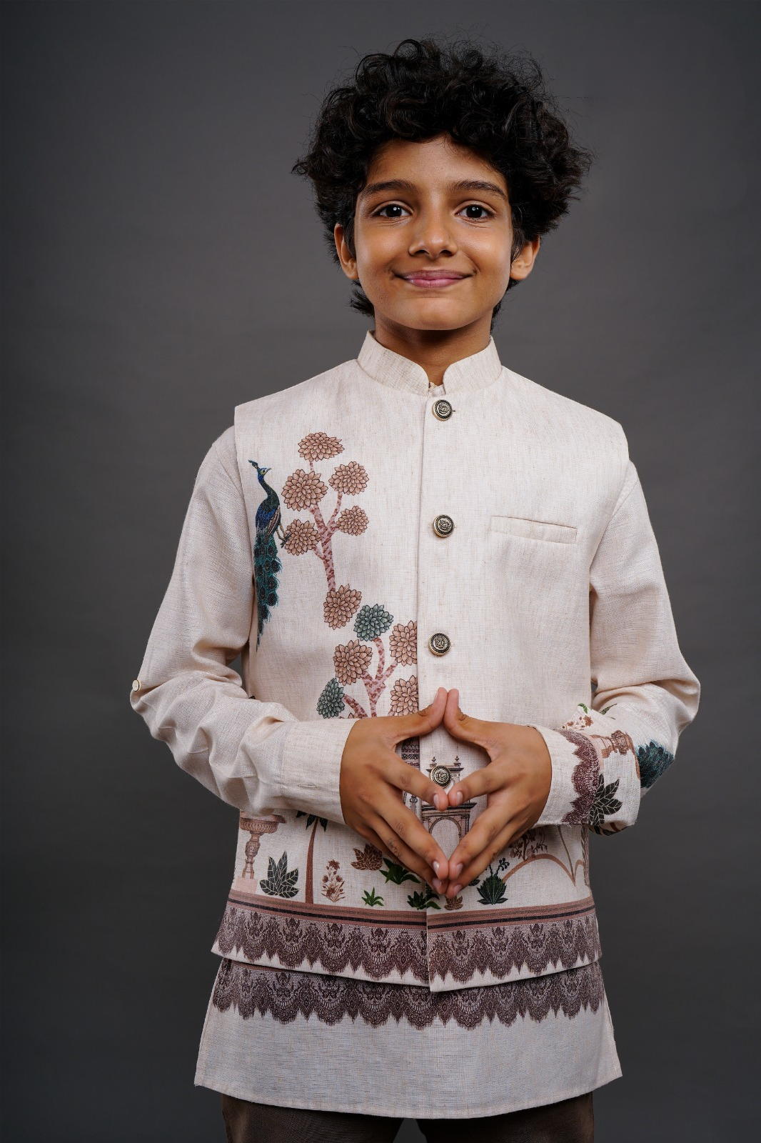 Cream Boys Bandi Jacket with Peacock & Floral Embroidery