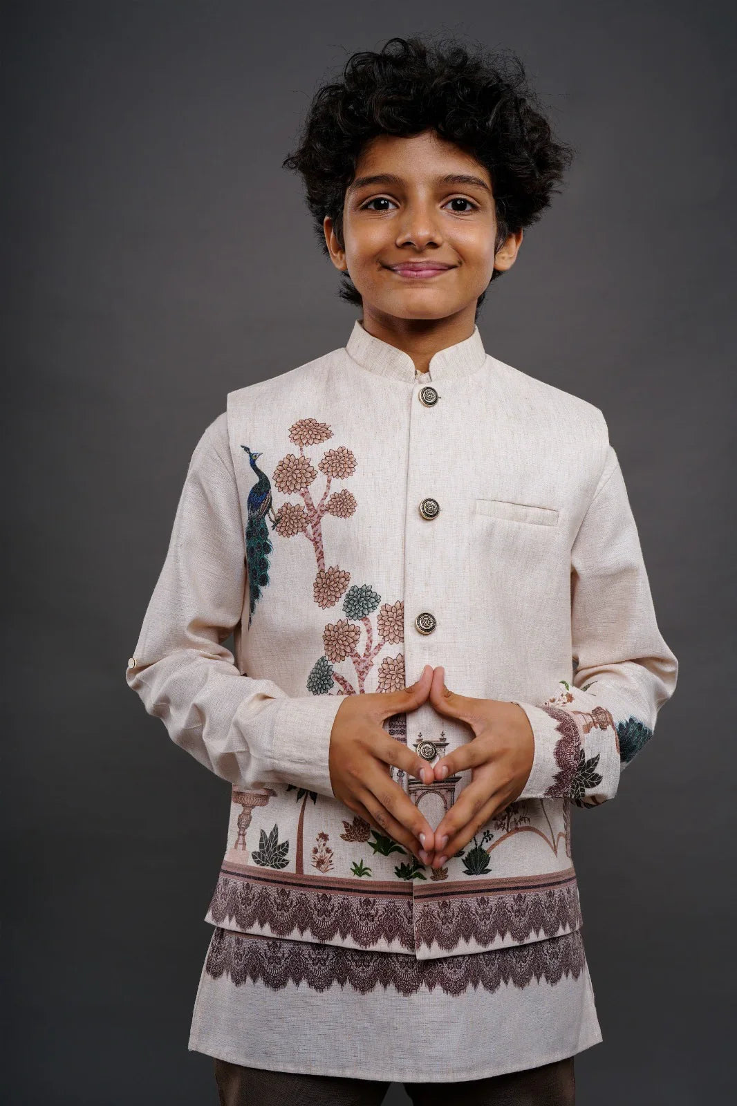 Cream Boys Bandi Jacket with Peacock & Floral Embroidery | Mokshaa