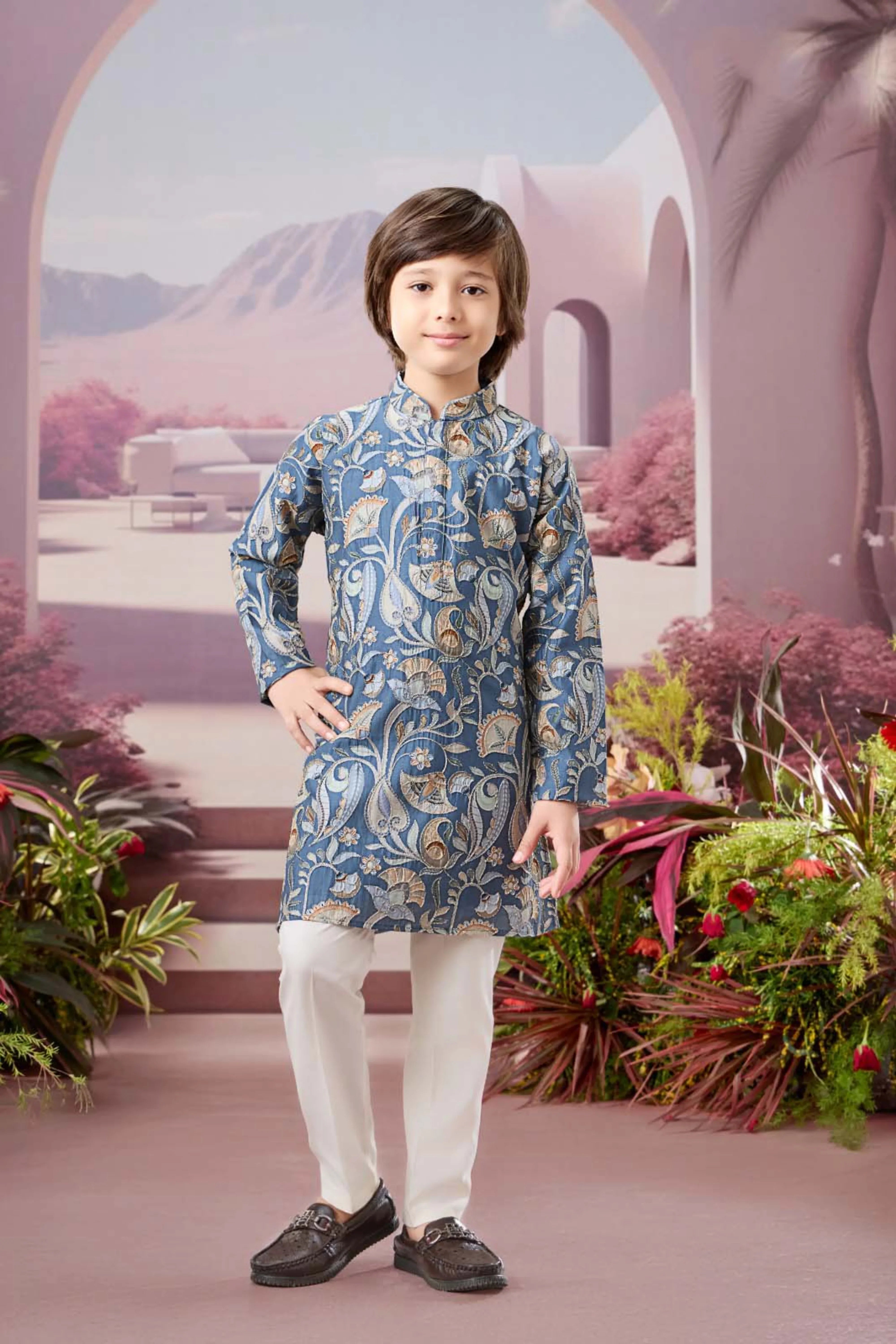 Blue Boys Kurta Pajama Set with All-Over Woven Design | Mokshaa