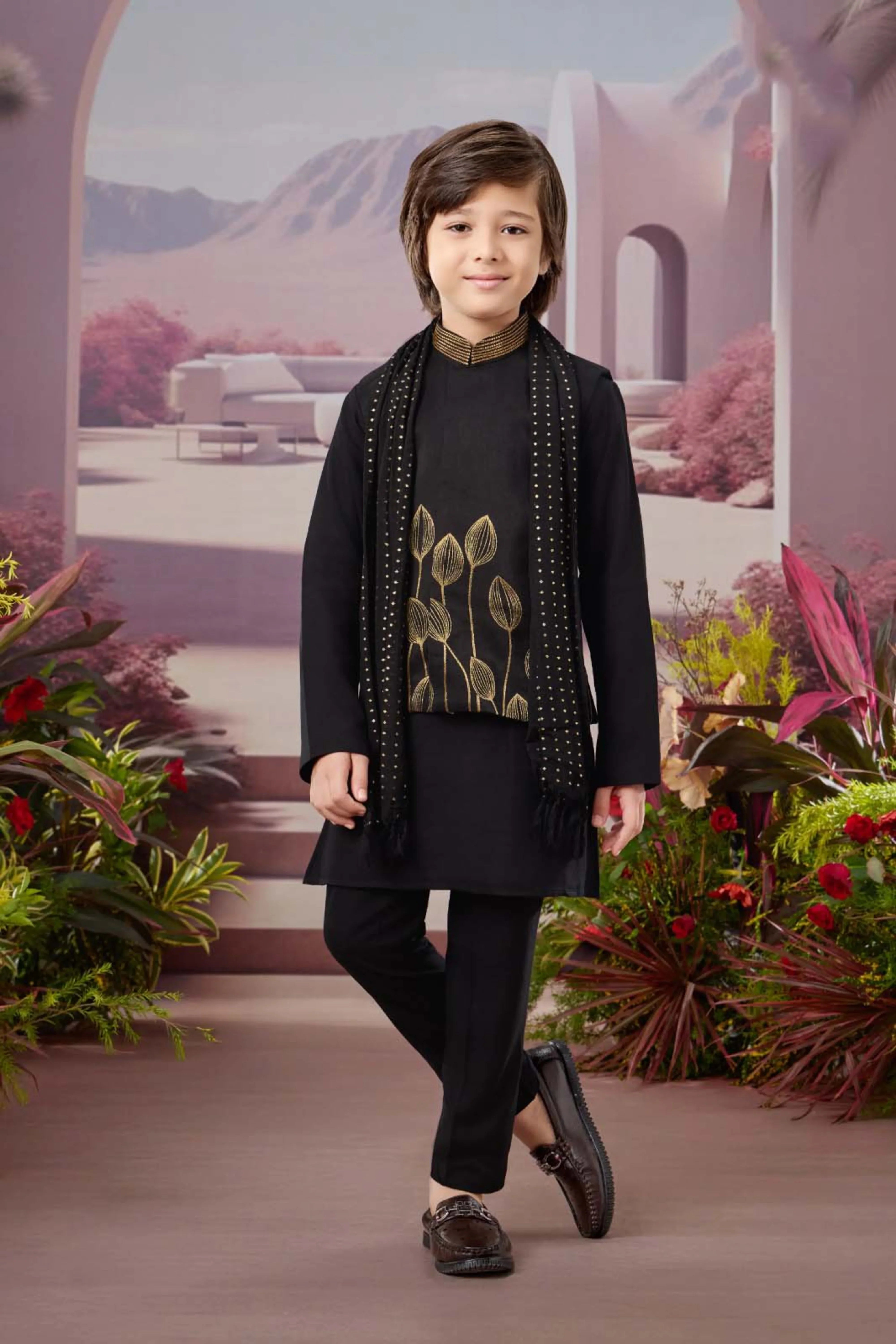 Black Boys Kurta Pajama Set with Golden Embroidery & Dupatta | Mokshaa